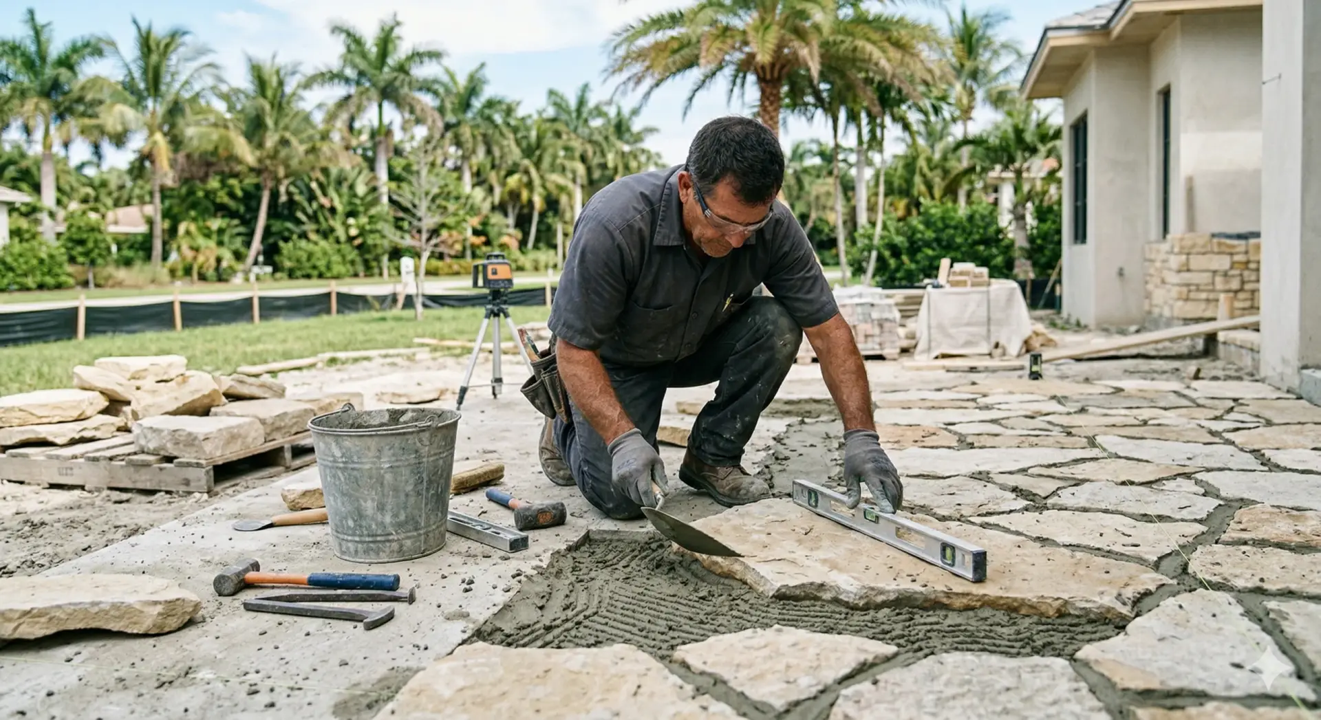 A professional mason works on stone paving masonry, meticulously laying large natural stones for a patio and walkway.