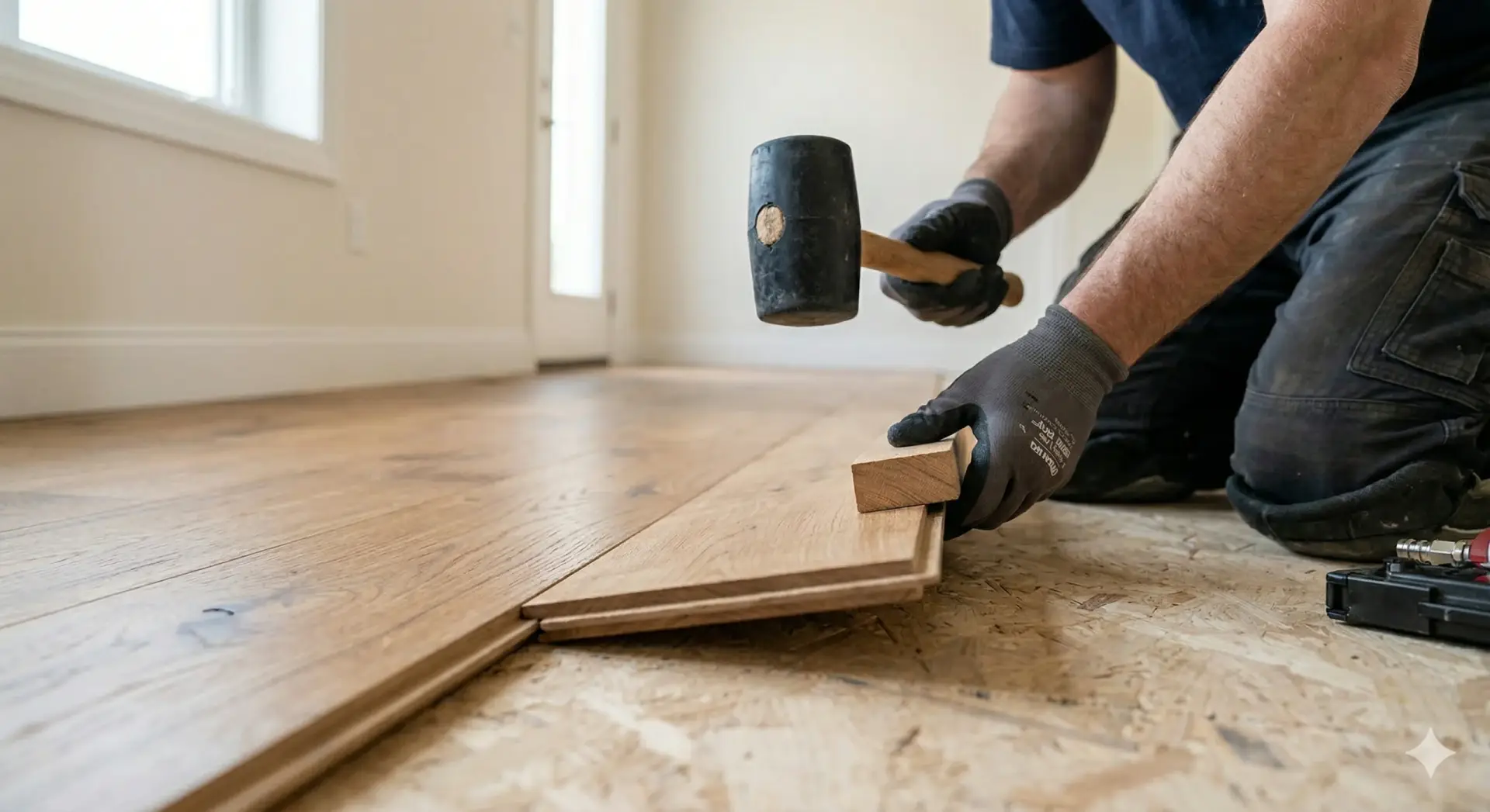 Gloved hands using a mallet and tapping block to align a new hardwood plank on a subfloor.