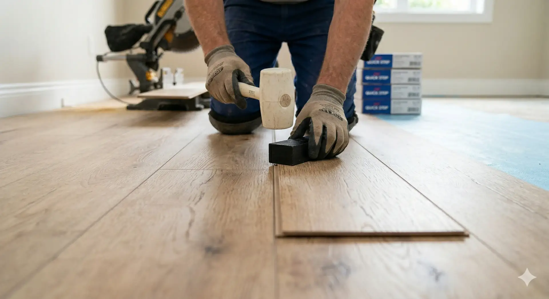 A close-up view of a professional technique used during a smooth Laminate Floor Installation.