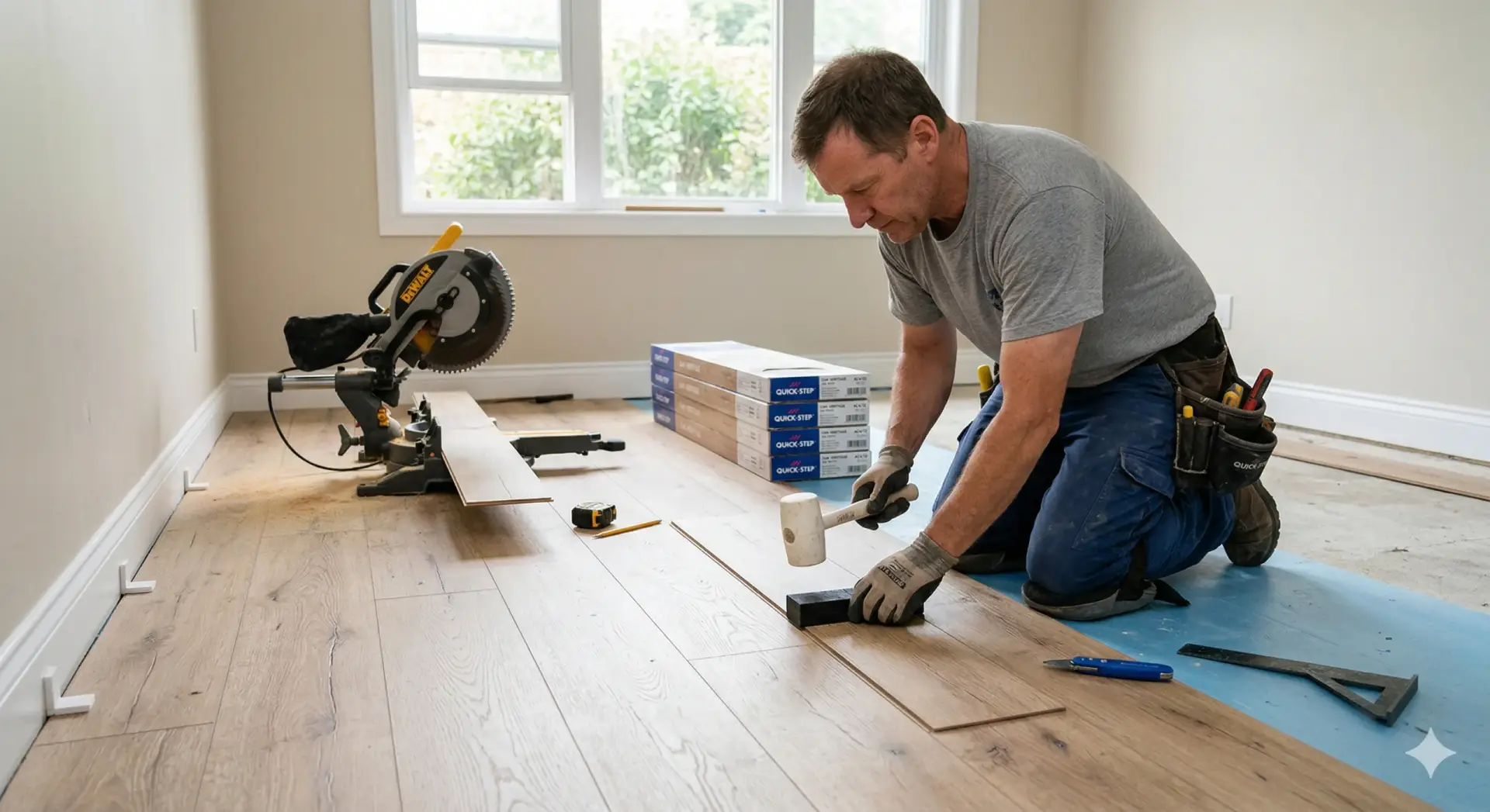 Worker uses mallet and block to tightly join planks during flawless Laminate Floor Installation.