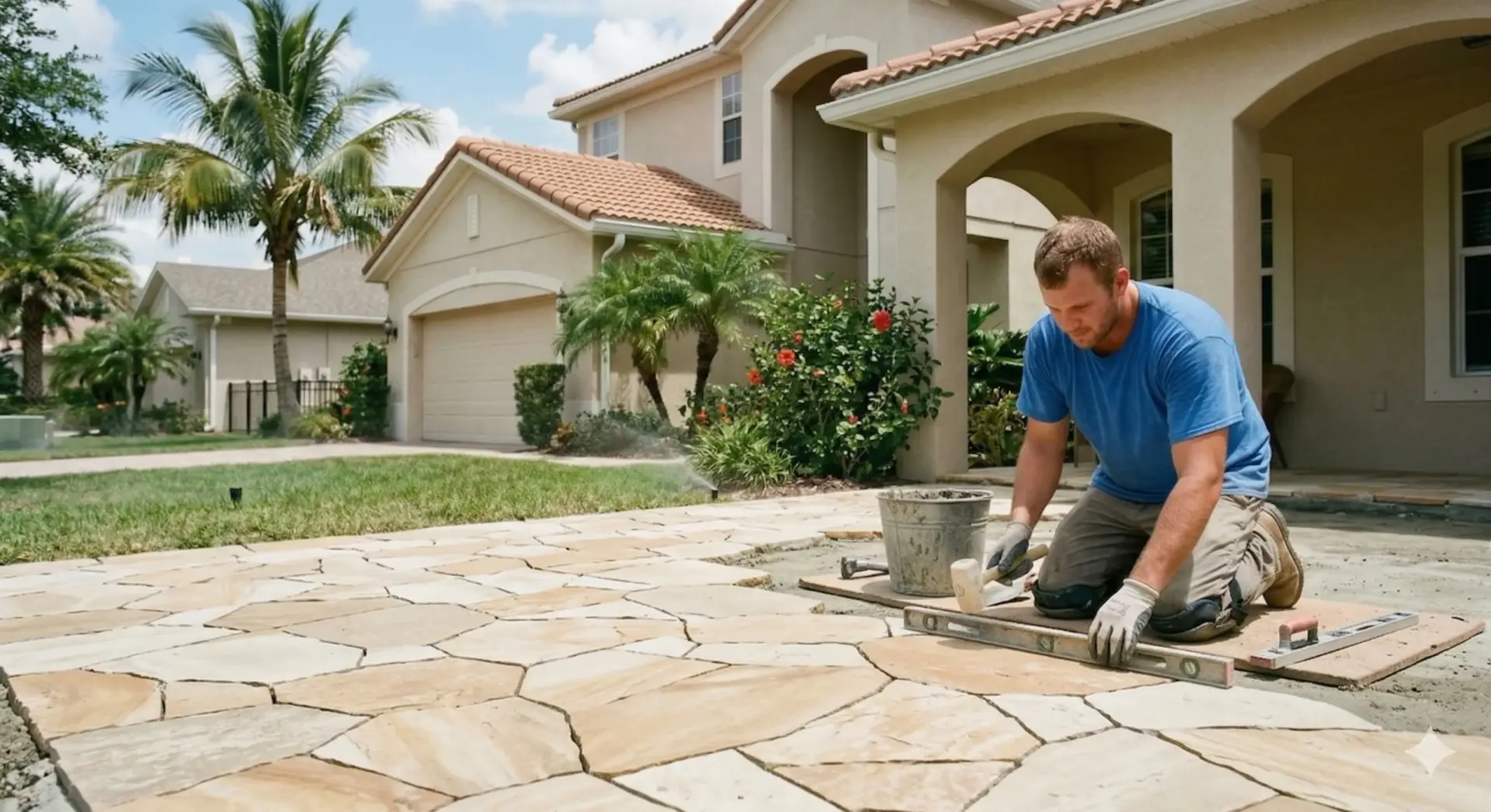 A skilled worker uses a level and mallet to install natural stone masonry on a suburban driveway.