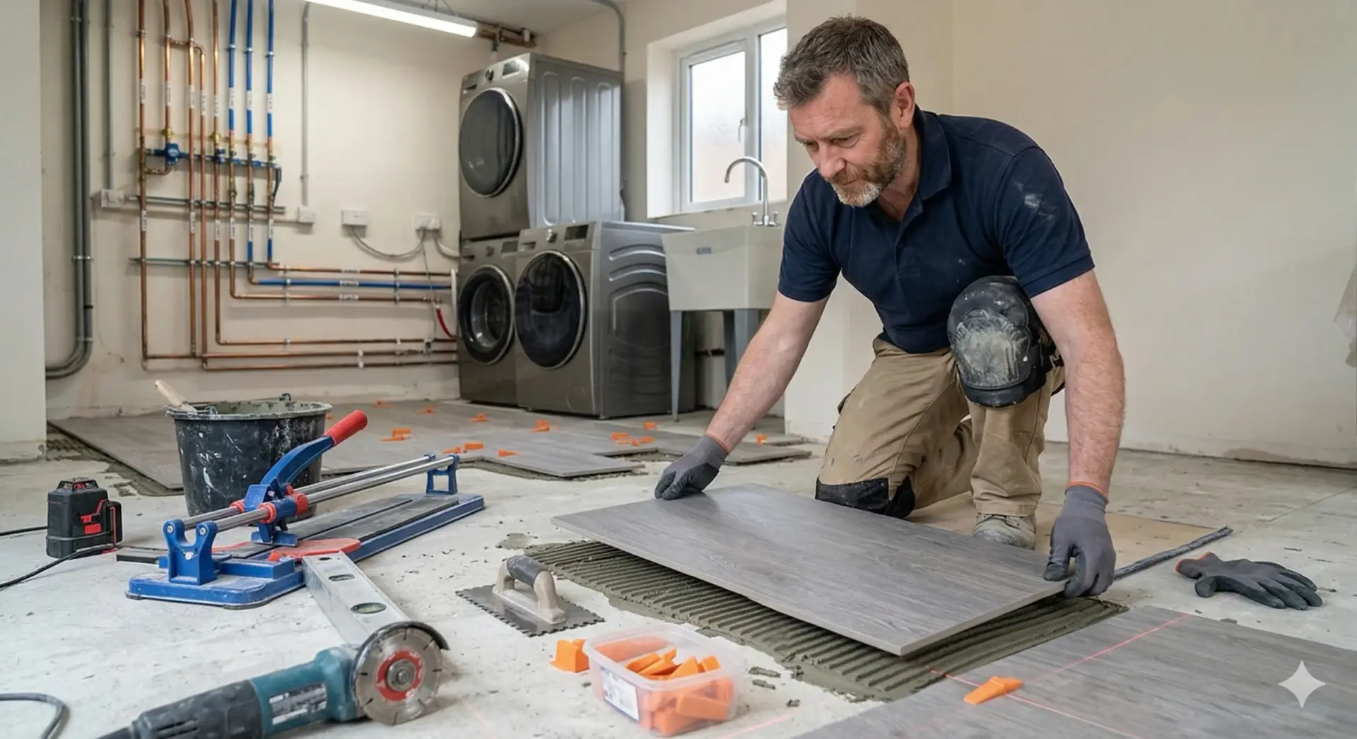 Professional tiler kneeling on floor to place a large grey plank during a precise Tile instalation.