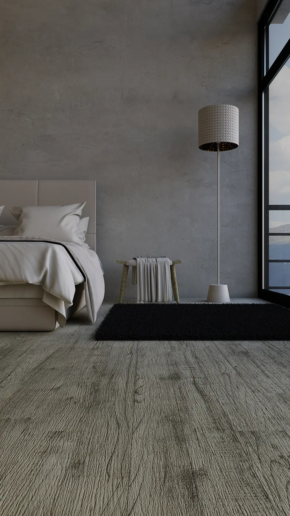 Contemporary bedroom featuring a beige bed, concrete walls, textured floor, floor lamp, and a black shaggy rug.