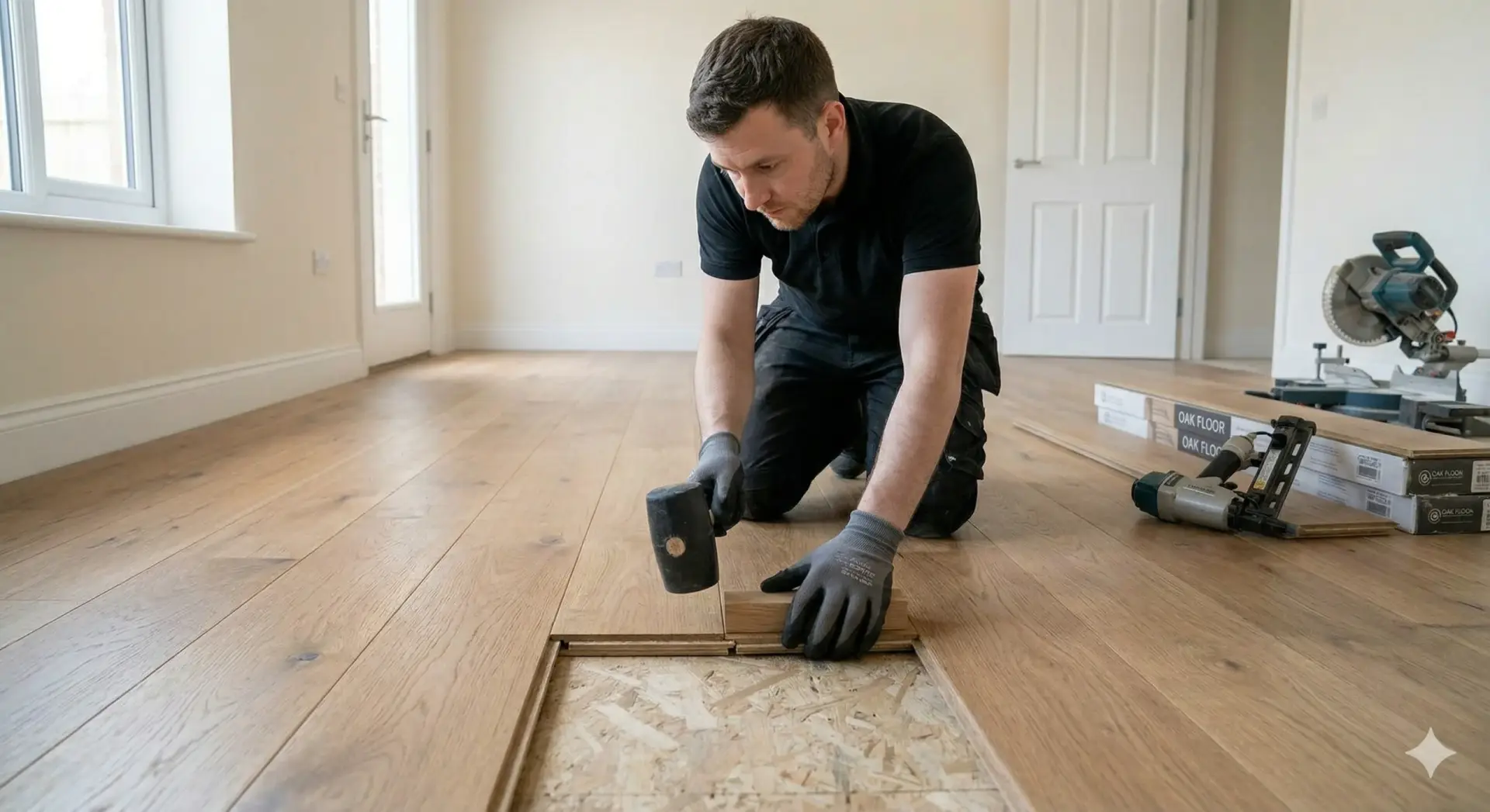 A focused worker kneels on a light hardwood floor, using a mallet and block to fit a plank over the subfloor.
