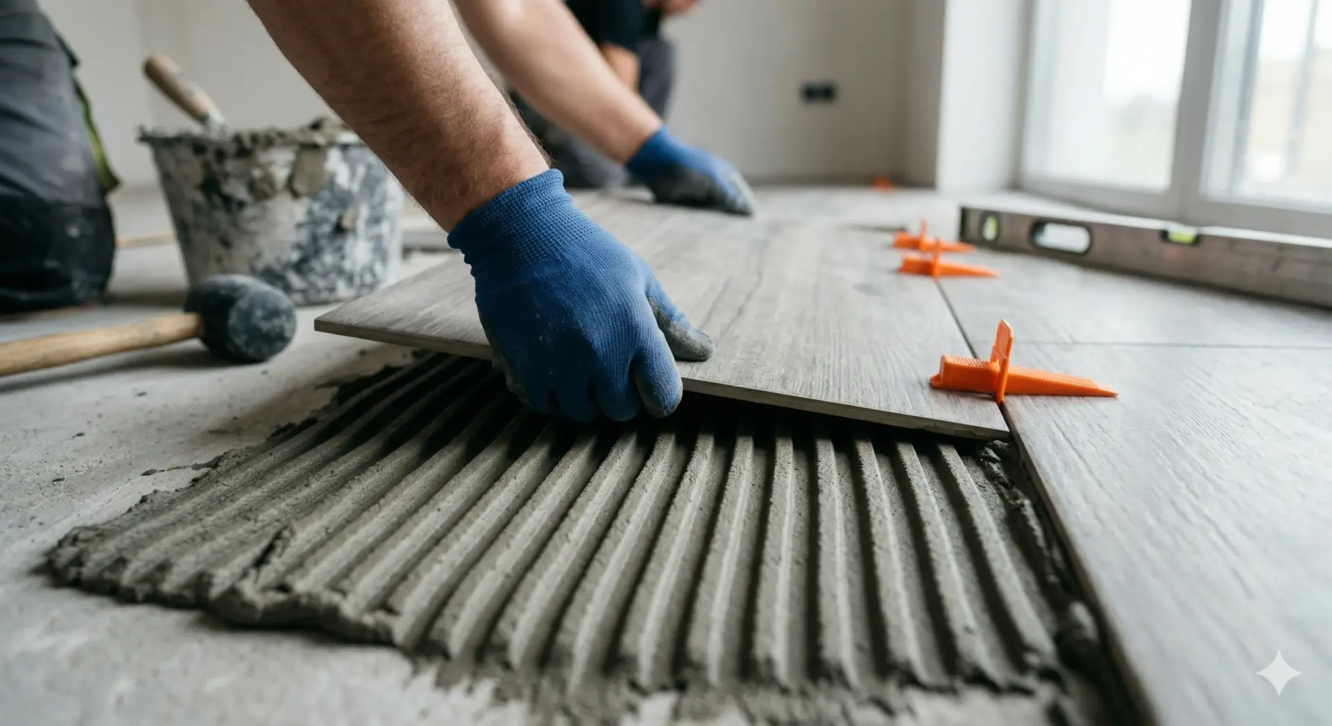Hands in blue gloves laying a large gray floor plank over adhesive ridges, ensuring Tile instalation.