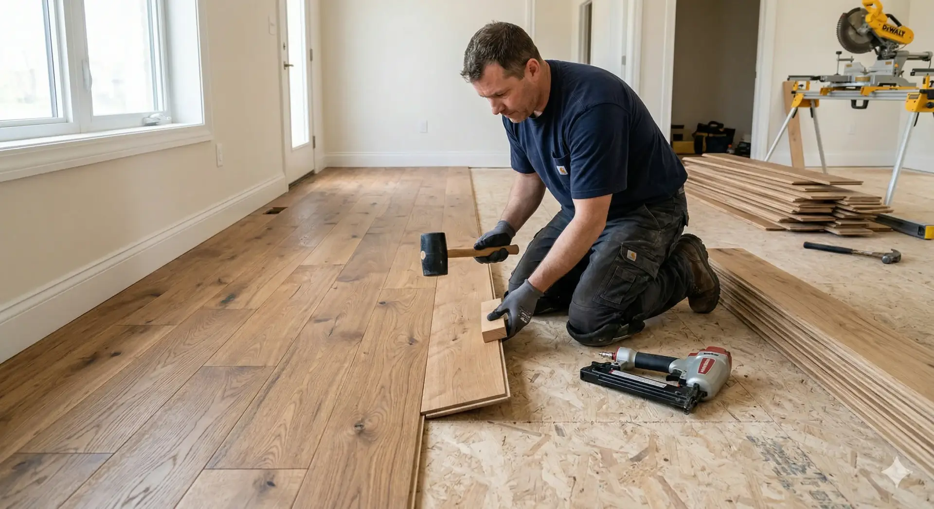 A contractor wearing gloves and knee pads kneels, using a mallet to tap a hardwood plank into position on a subfloor.