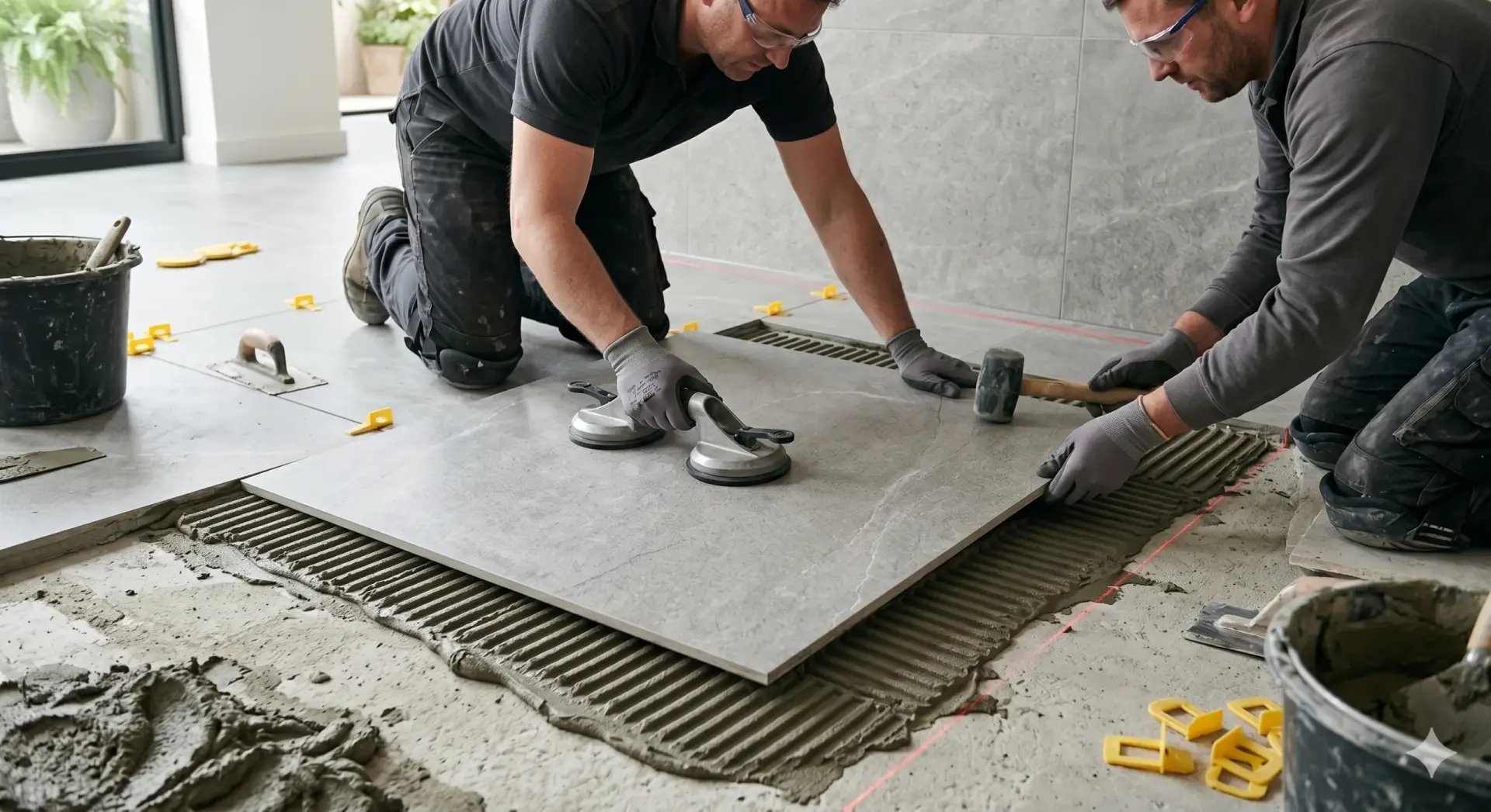Workers using professional tools to meticulously lay a modern Large Format Tile onto a mortar-prepared floor surface.