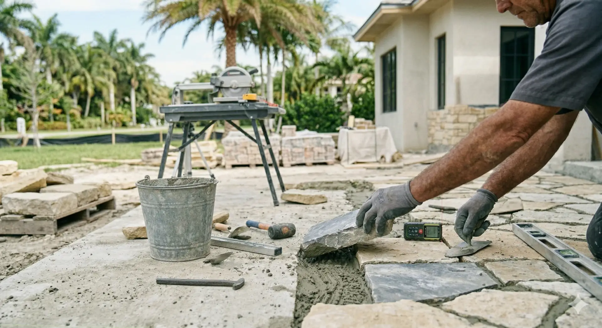 Close-up of hands performing expert masonry by fitting a natural stone slab into a wet mortar bed on a patio.