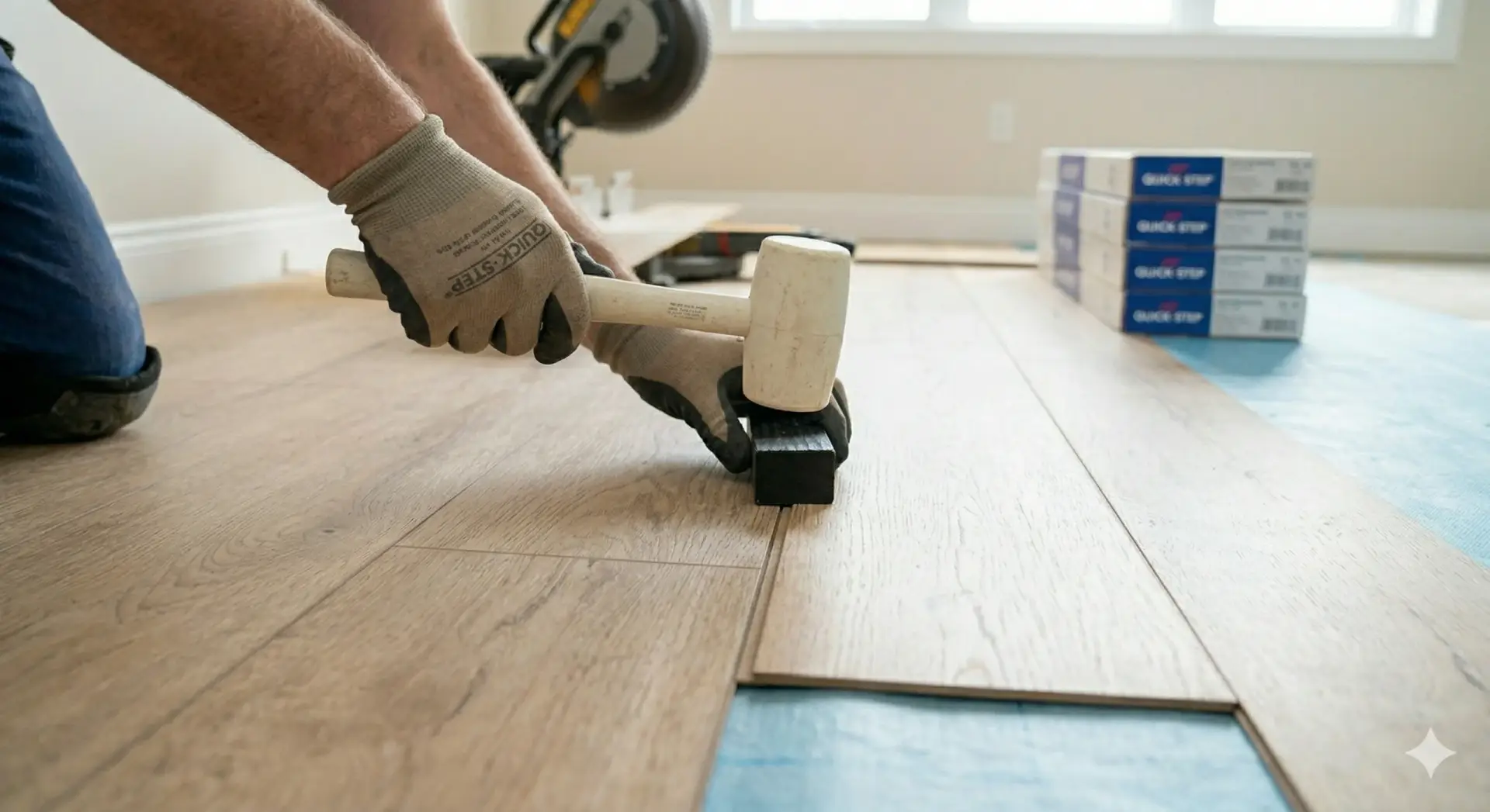 Gloved hands using a mallet and tapping block to secure planks during a professional Laminate Floor Installation.