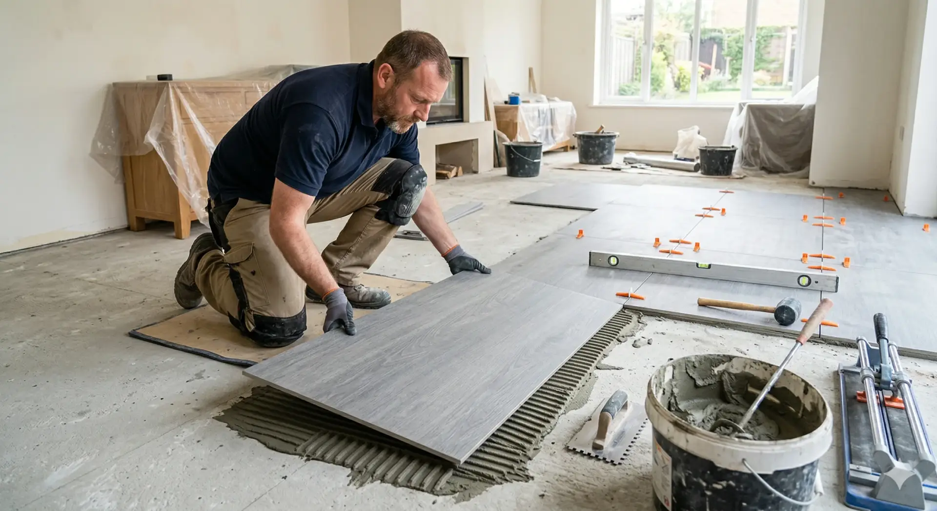 A man wearing knee pads during a tile installation.