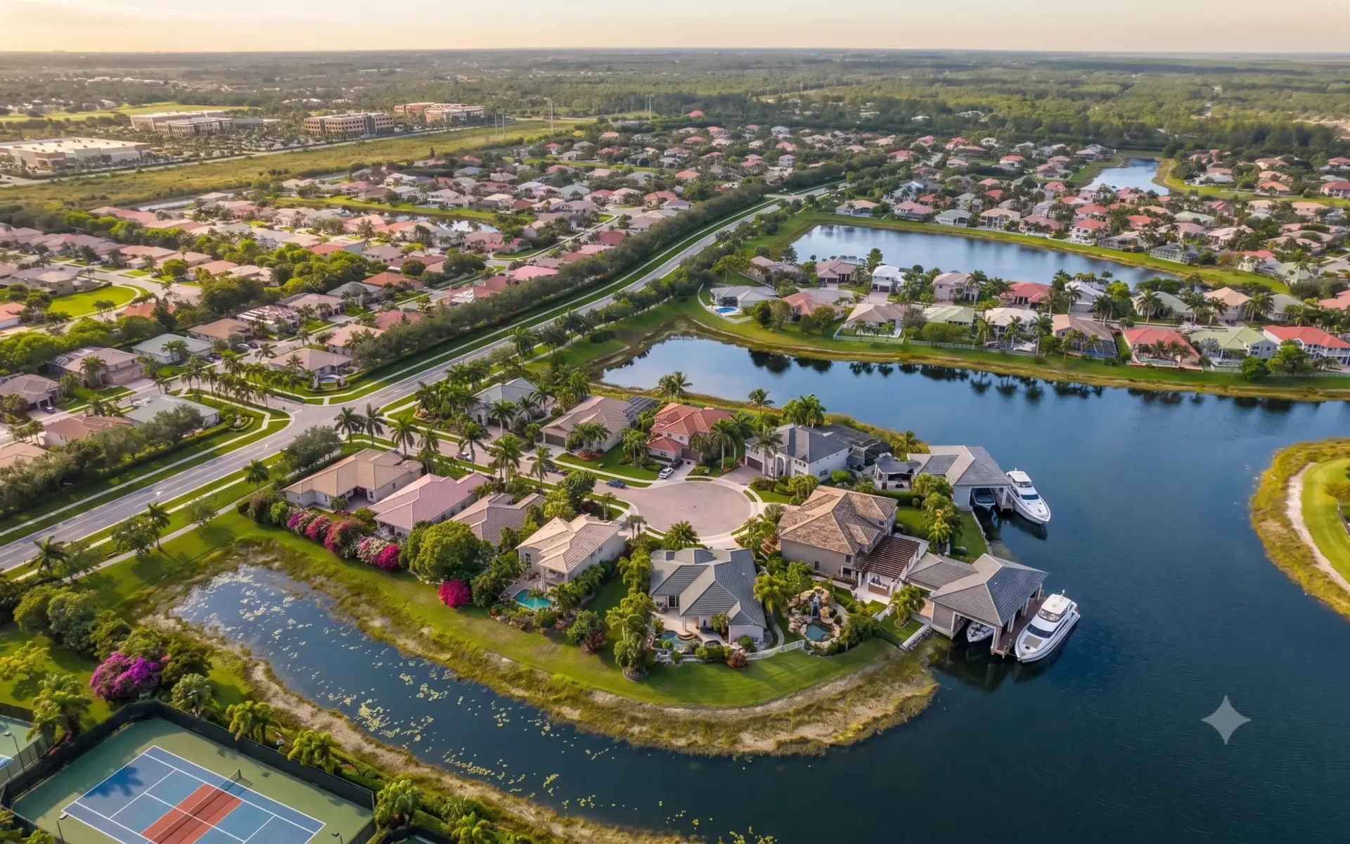 Panoramic view of upscale lakefront properties with tile roofing by experts in Tile Installation Odessa.