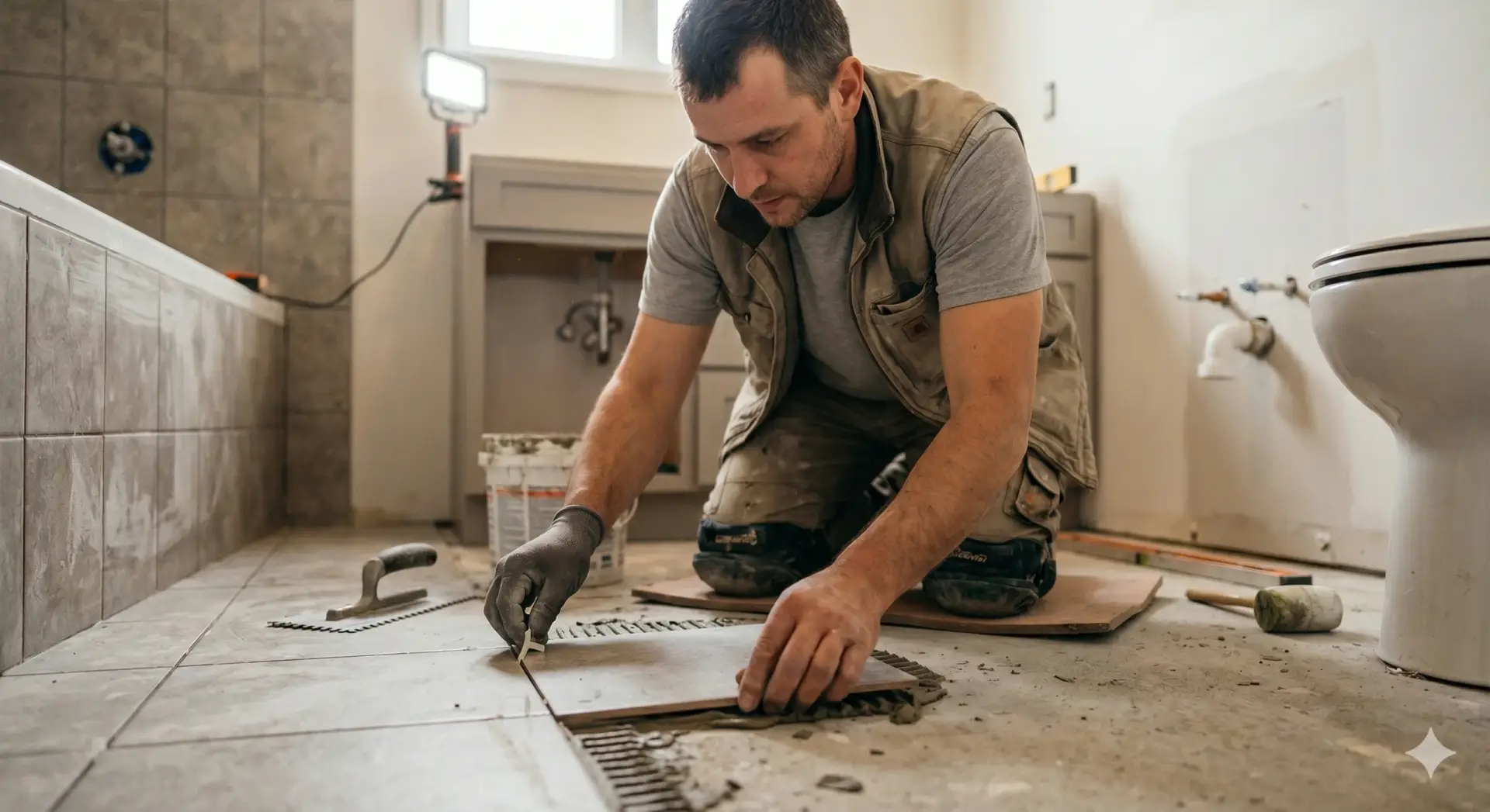 A man in a work vest kneels, installing a large grey tile on a bathroom floor with tile spacers. This represents high-quality Tile Installation Largo.