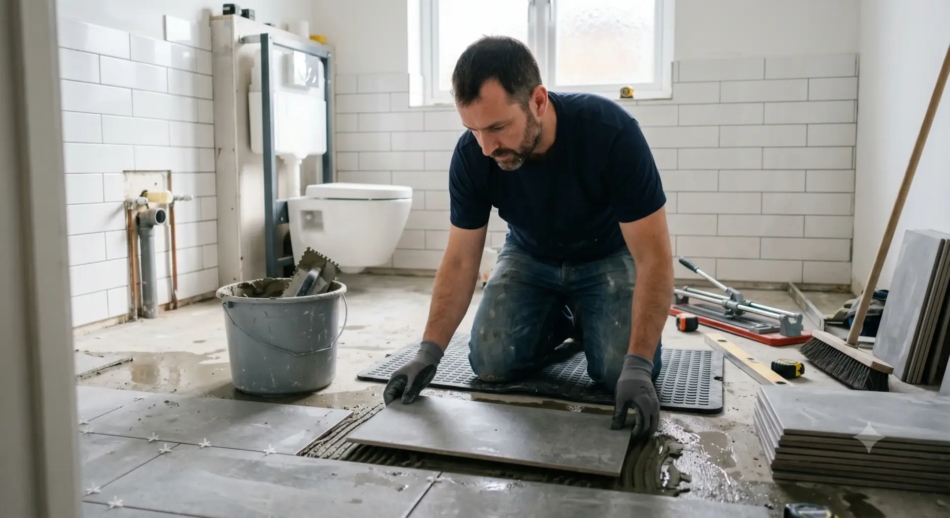 A man places a grey floor tile during a Tile Installation St. Petersburg project.