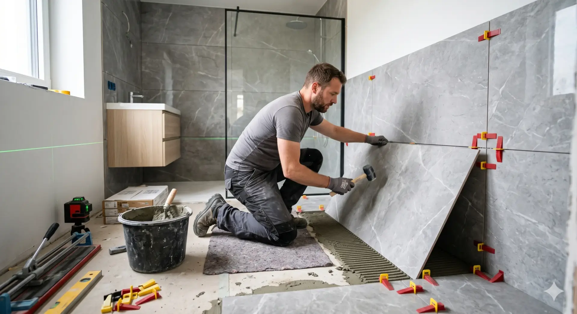 Contractor using a mallet and leveling clips to fit large grey marble wall tiles for a Tile Installation North Redington Beach.