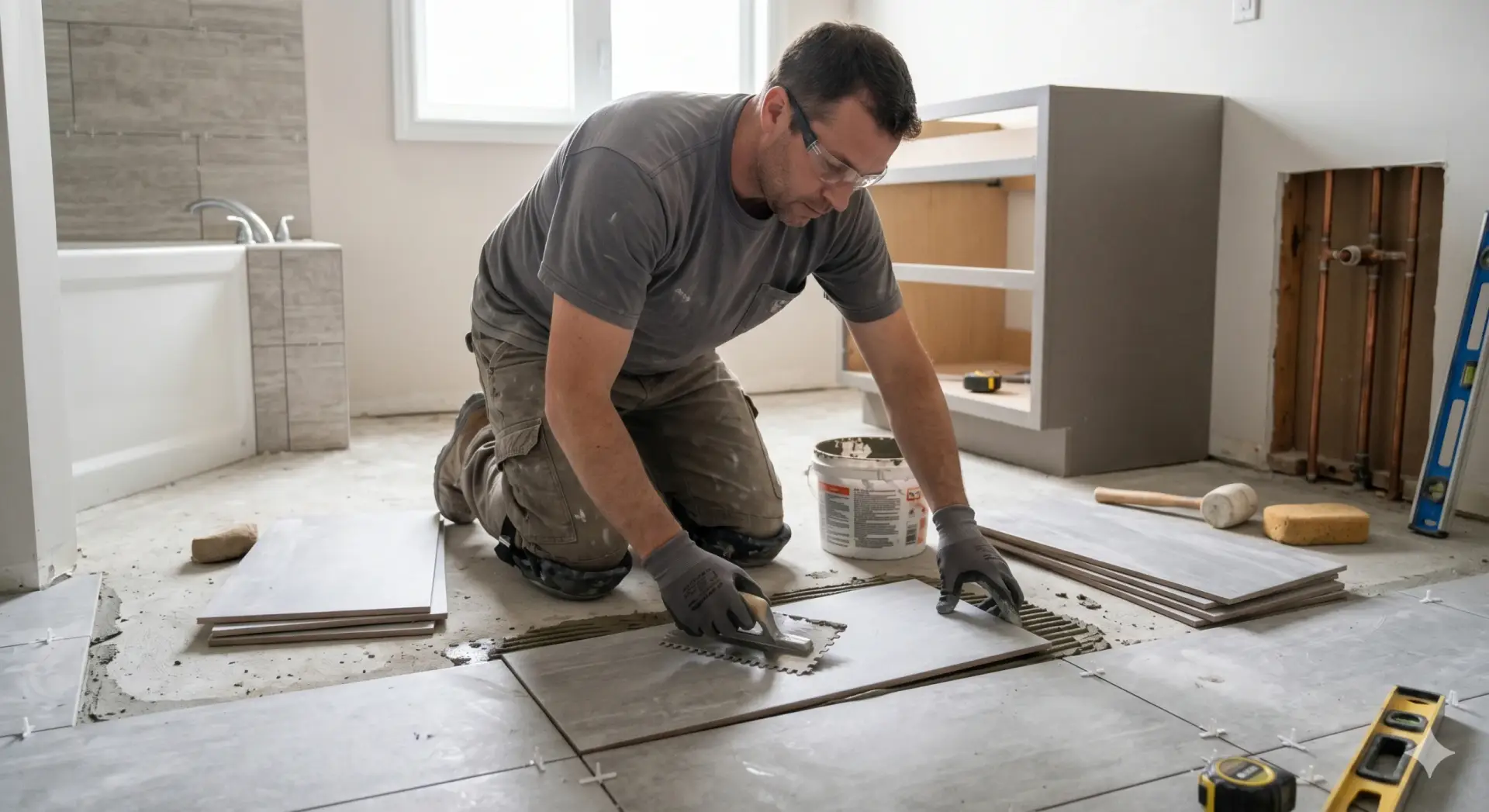 Tiler setting large floor tiles during a renovation, highlighting professional Tile Installation Lutz.