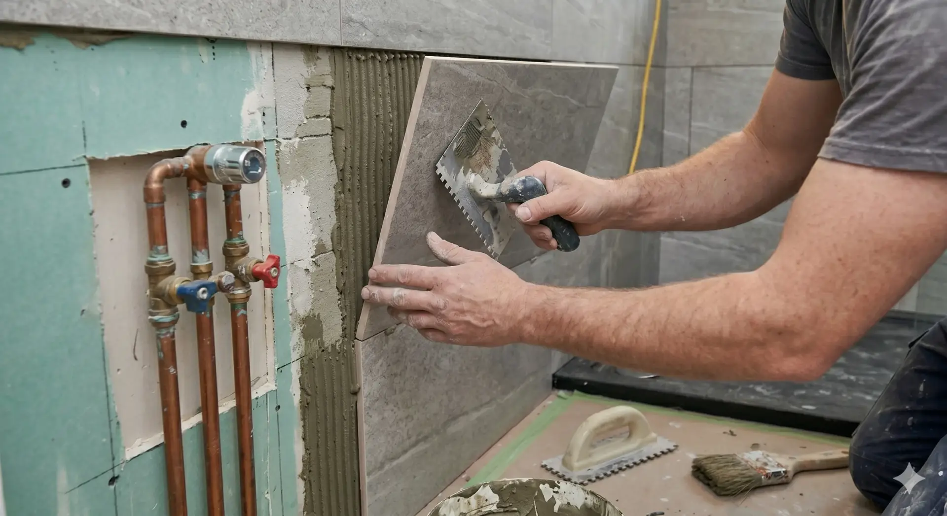 A contractor places a grey stone-look tile onto a prepared wall during a tile installation Treasure Island project.