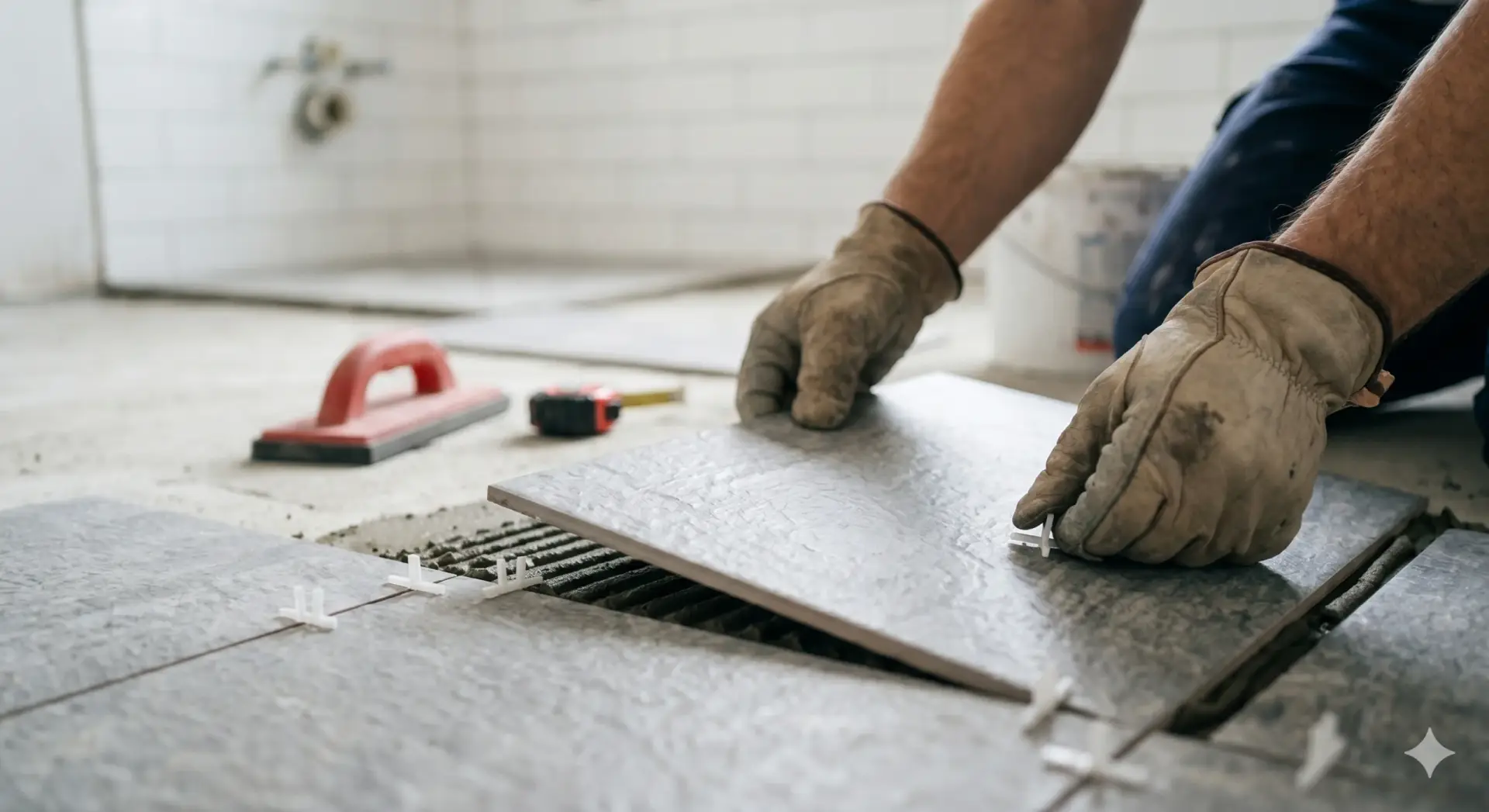 Gloved hands carefully lay a large gray floor tile for a professional Tile Installation Temple Terrace.
