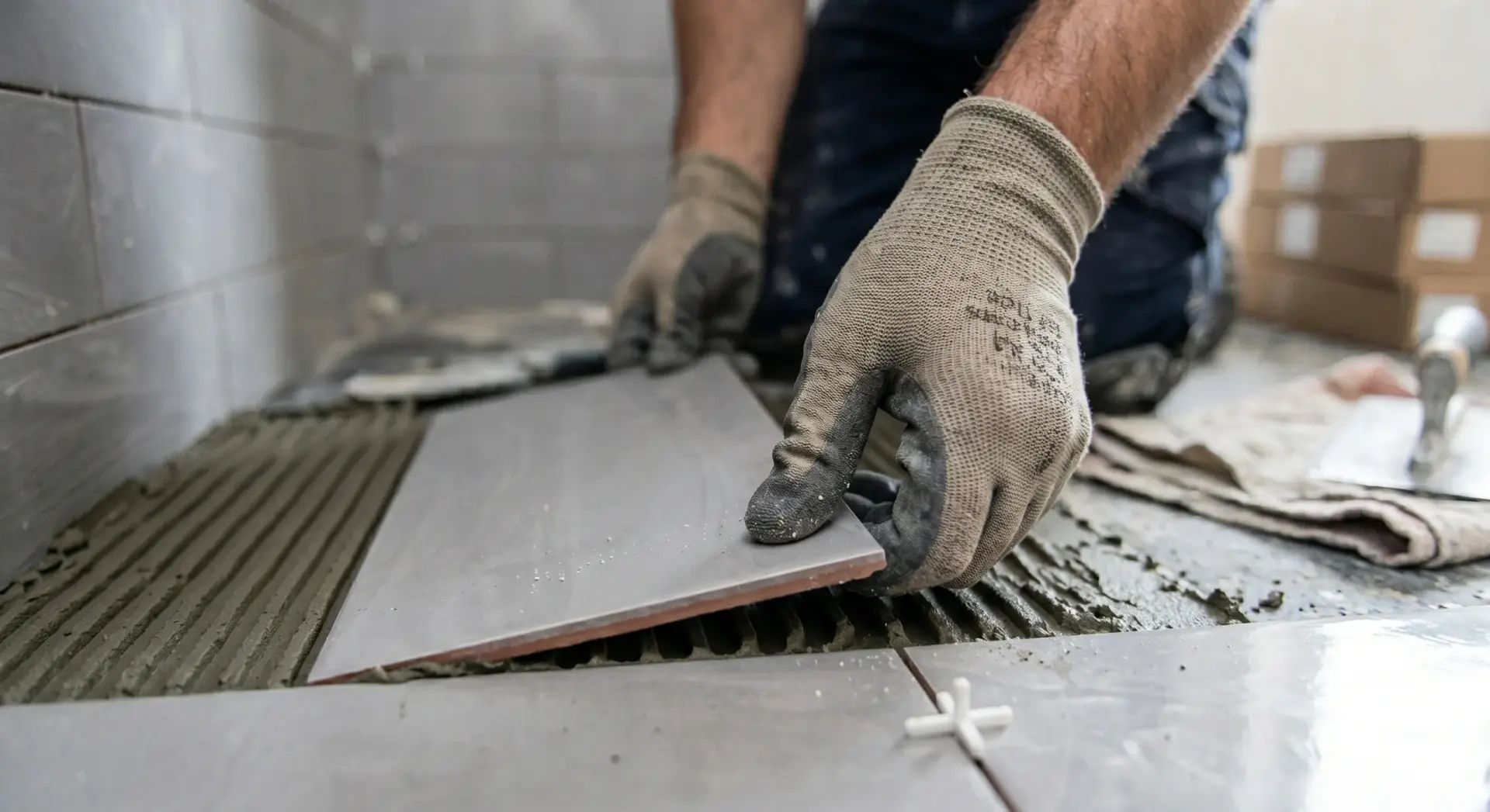 Contractor hands laying a grey floor tile into mortar during a Tile Installation East Lake project.