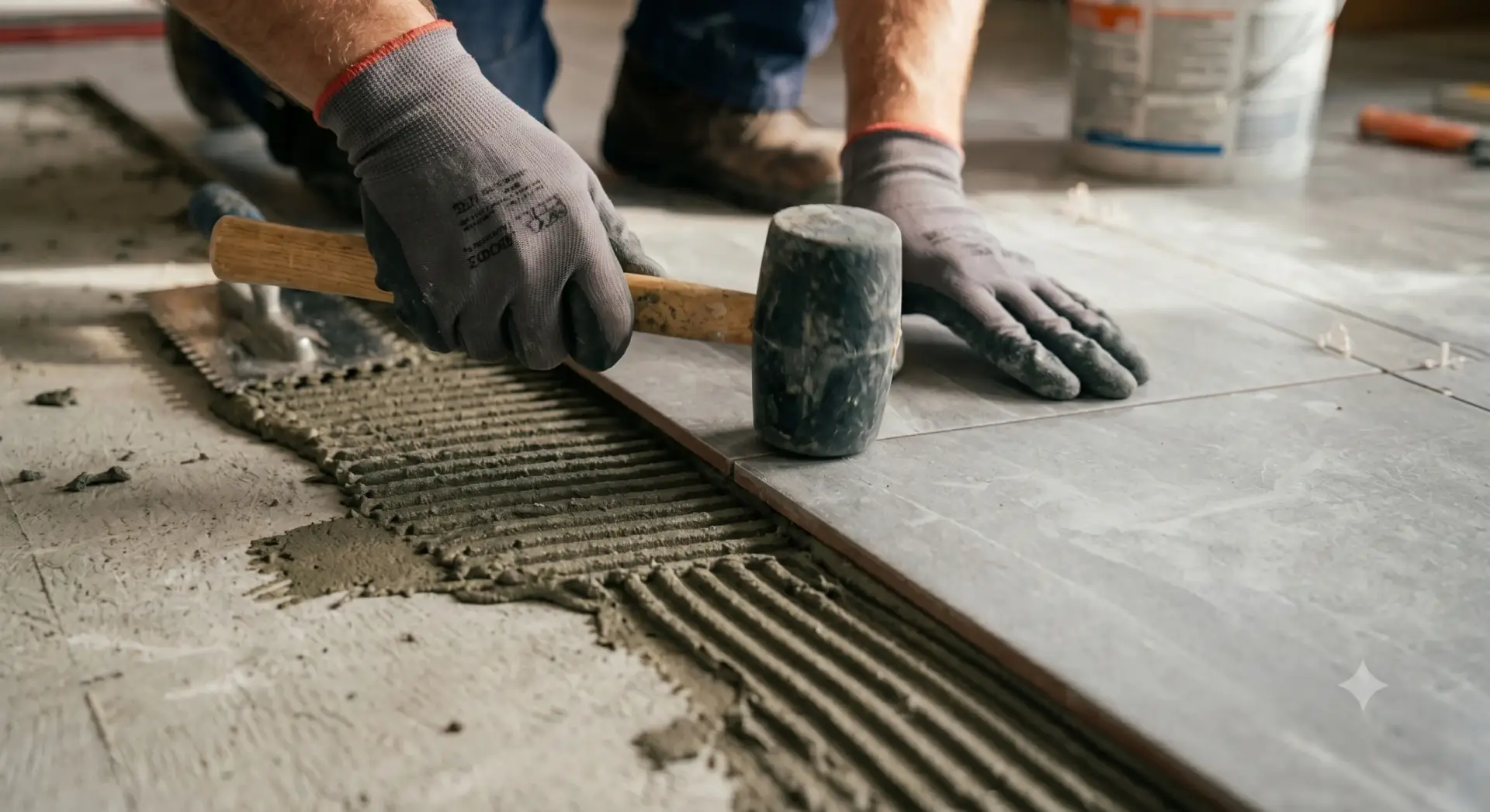Worker using a rubber mallet to level grey floor tiles during a precise Tile Installation Odessa.