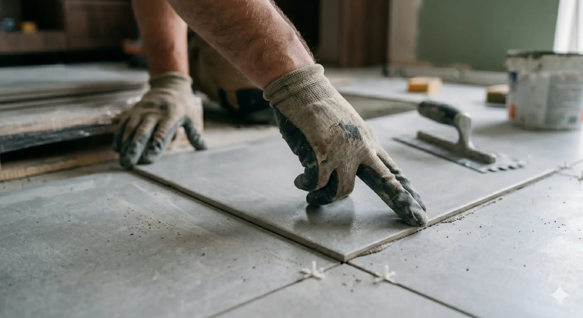 Gloved hands setting a large grey tile with spacers during a professional Tile Installation Oldsmar project.