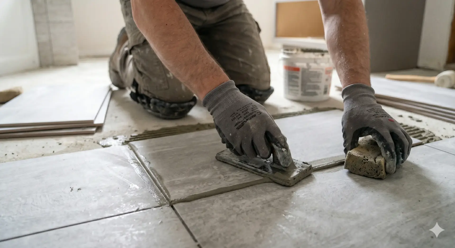 Hands applying grout to grey floor tiles during a professional Tile Installation Lutz.