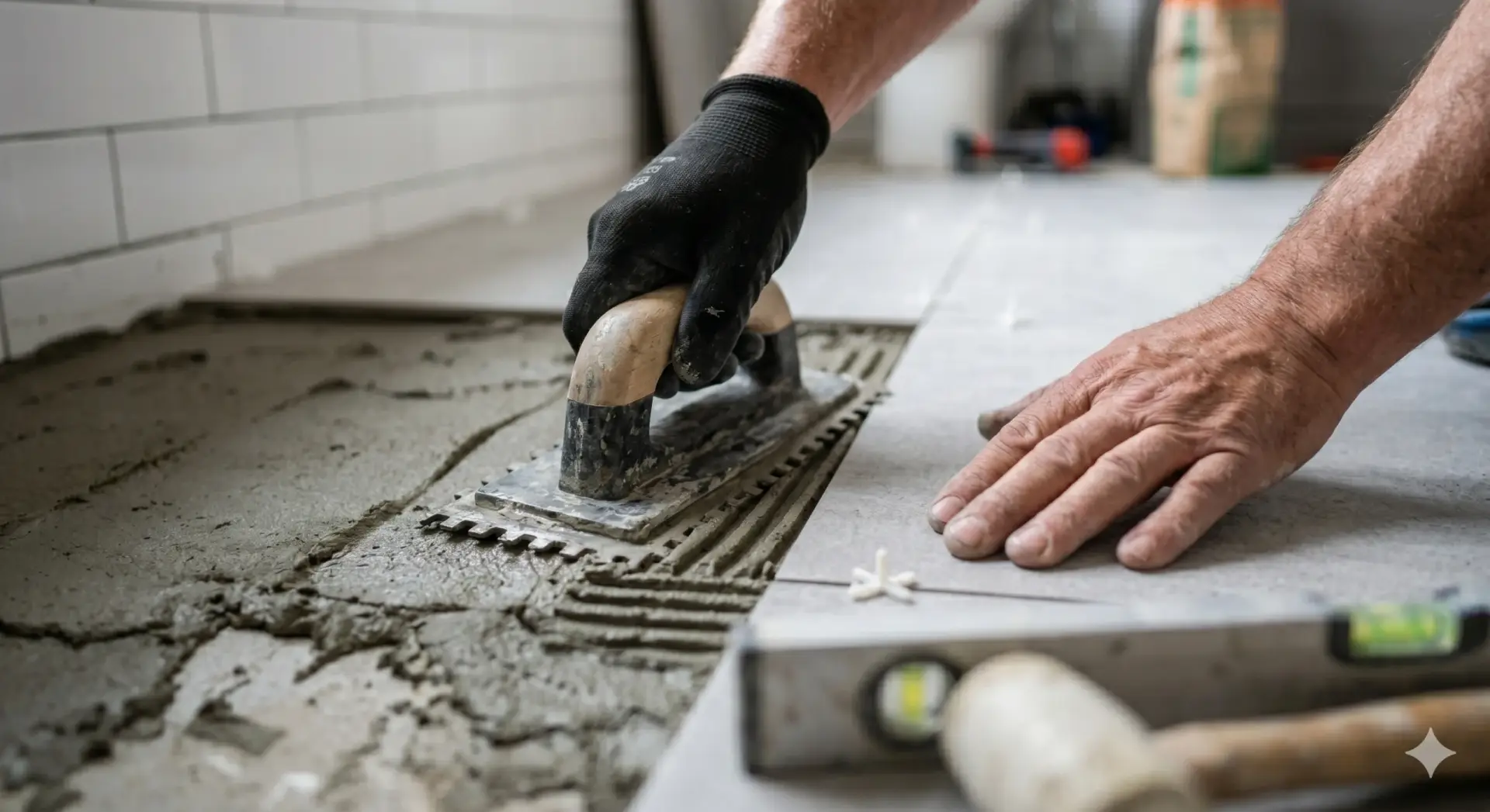 Gloved hand using a notched trowel to spread mortar for a precise Tile Installation Palm Harbor on a bathroom floor.