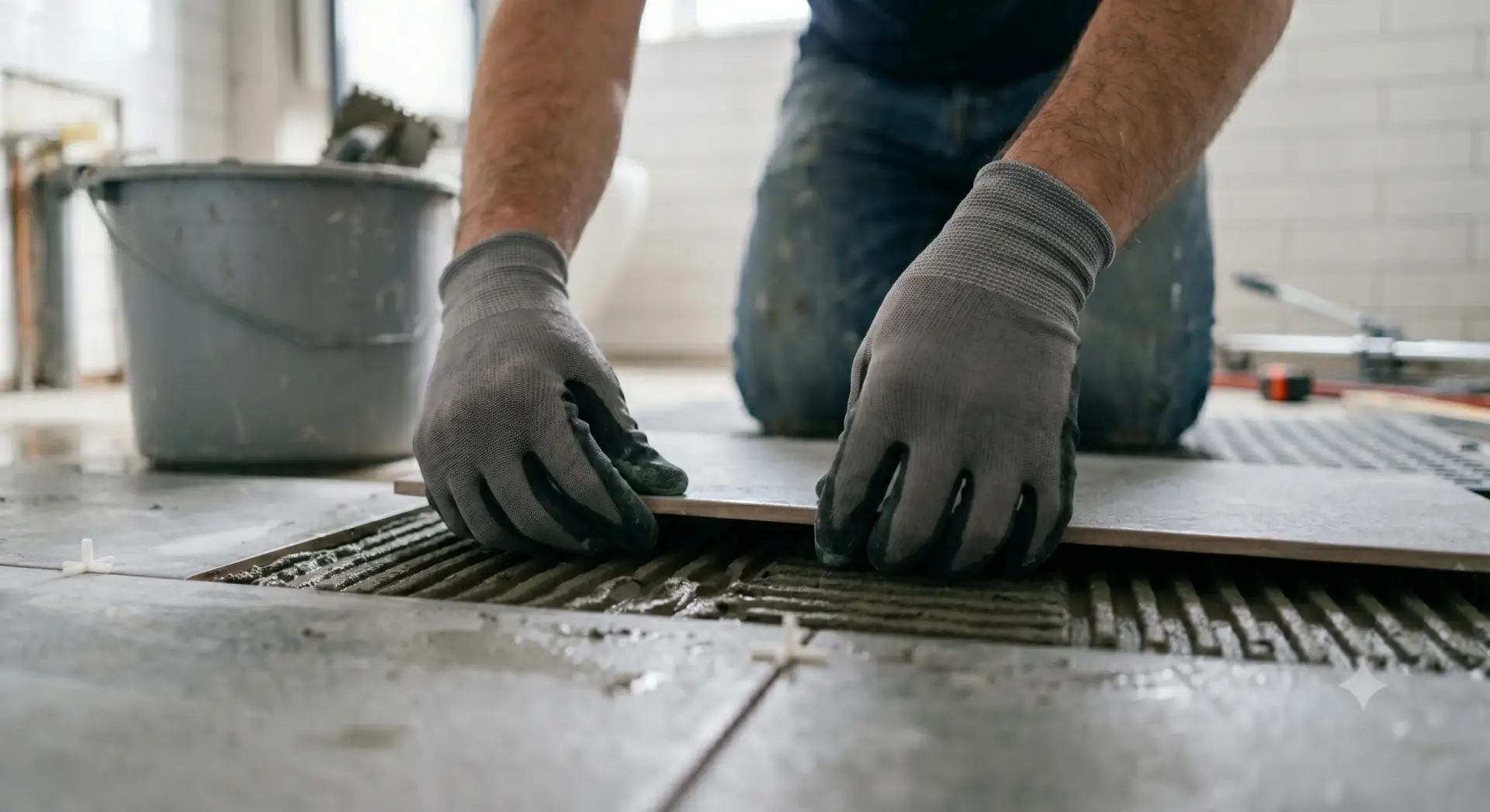 Gloved hands setting a grey floor tile during a Tile Installation St. Petersburg.
