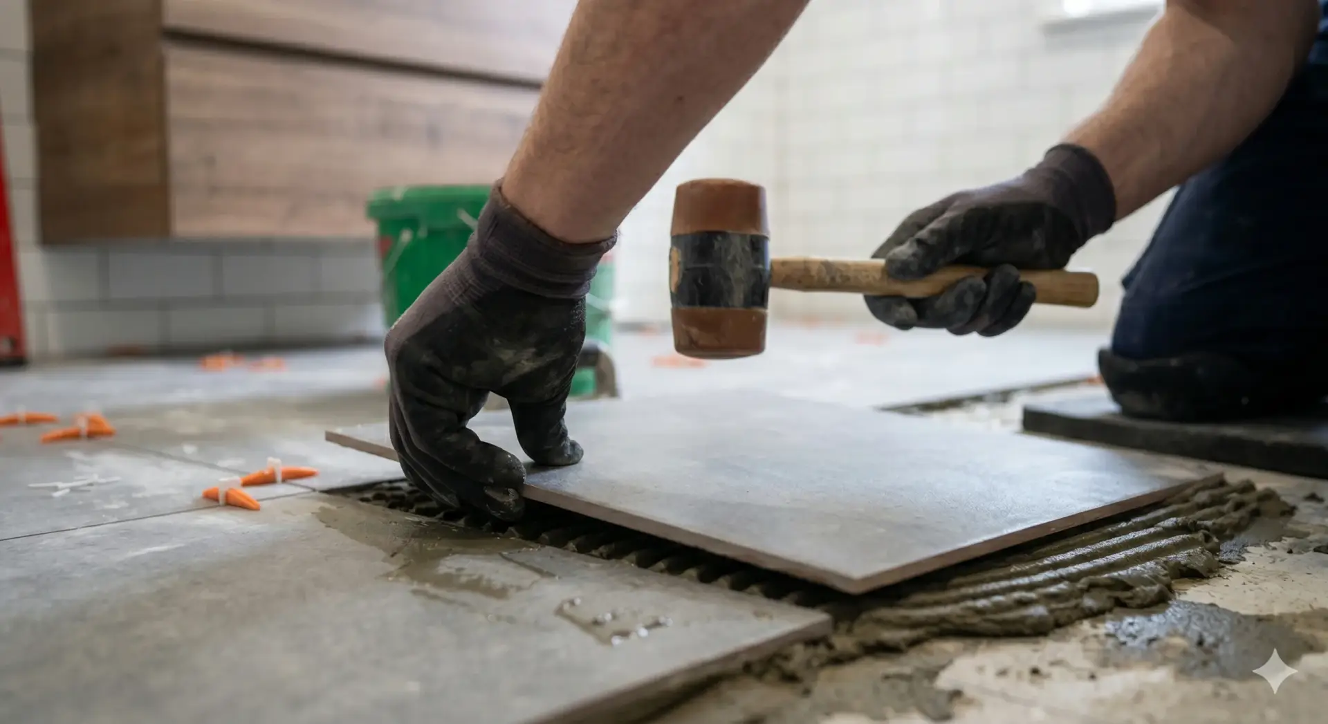 Tiler using a mallet to level a gray floor tile for a Tile Installation Tarpon Springs.
