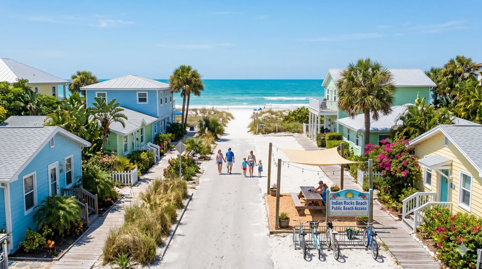 A family walks down a path to the shore surrounded by cottages requiring durable Tile Installation Indian rocks Beach.