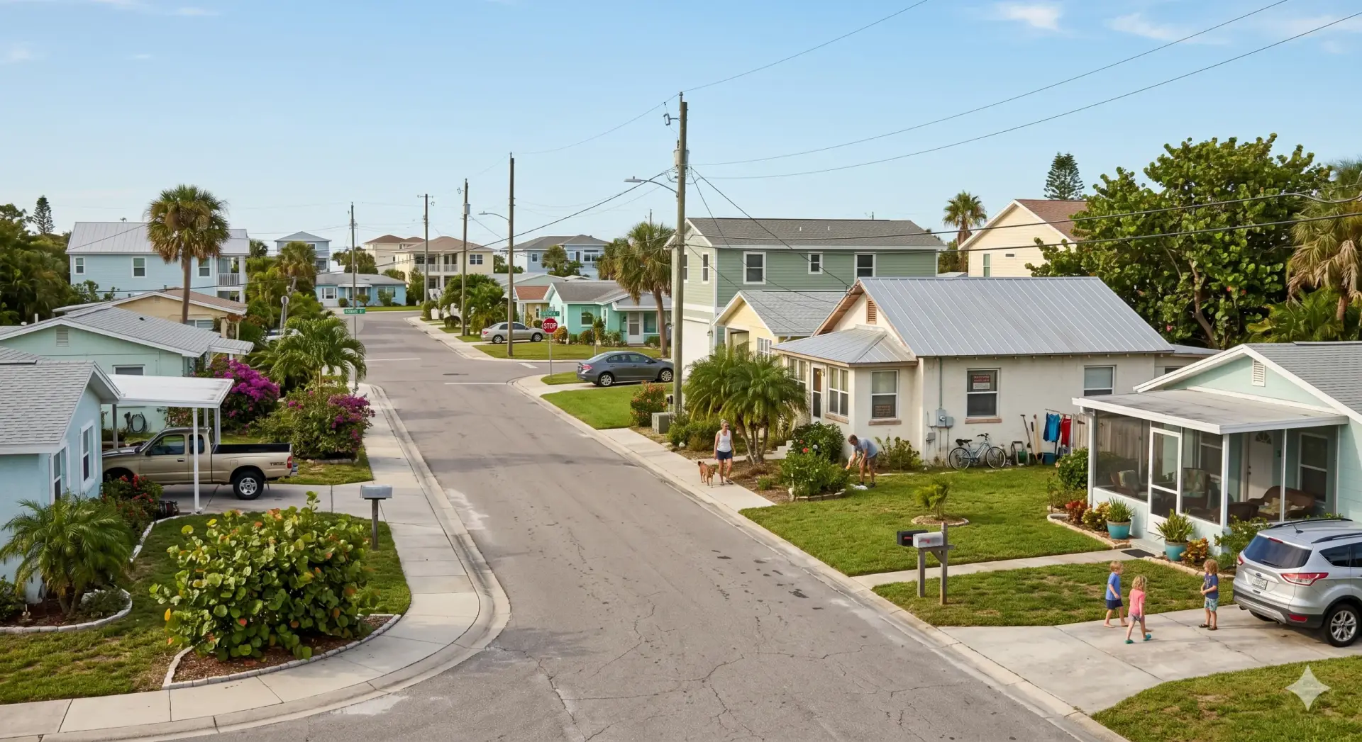 Coastal neighborhood houses line a quiet asphalt street, showcasing homes that utilize Tile Installation Madeira Beach.