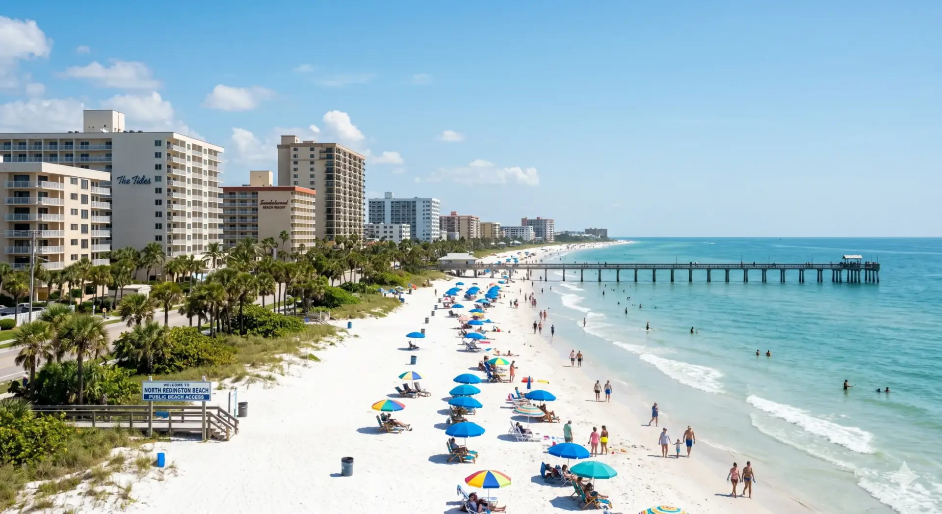 Beach with umbrellas, a long pier, and nearby coastal resorts perfect for luxury Tile Installation North Redington Beach.