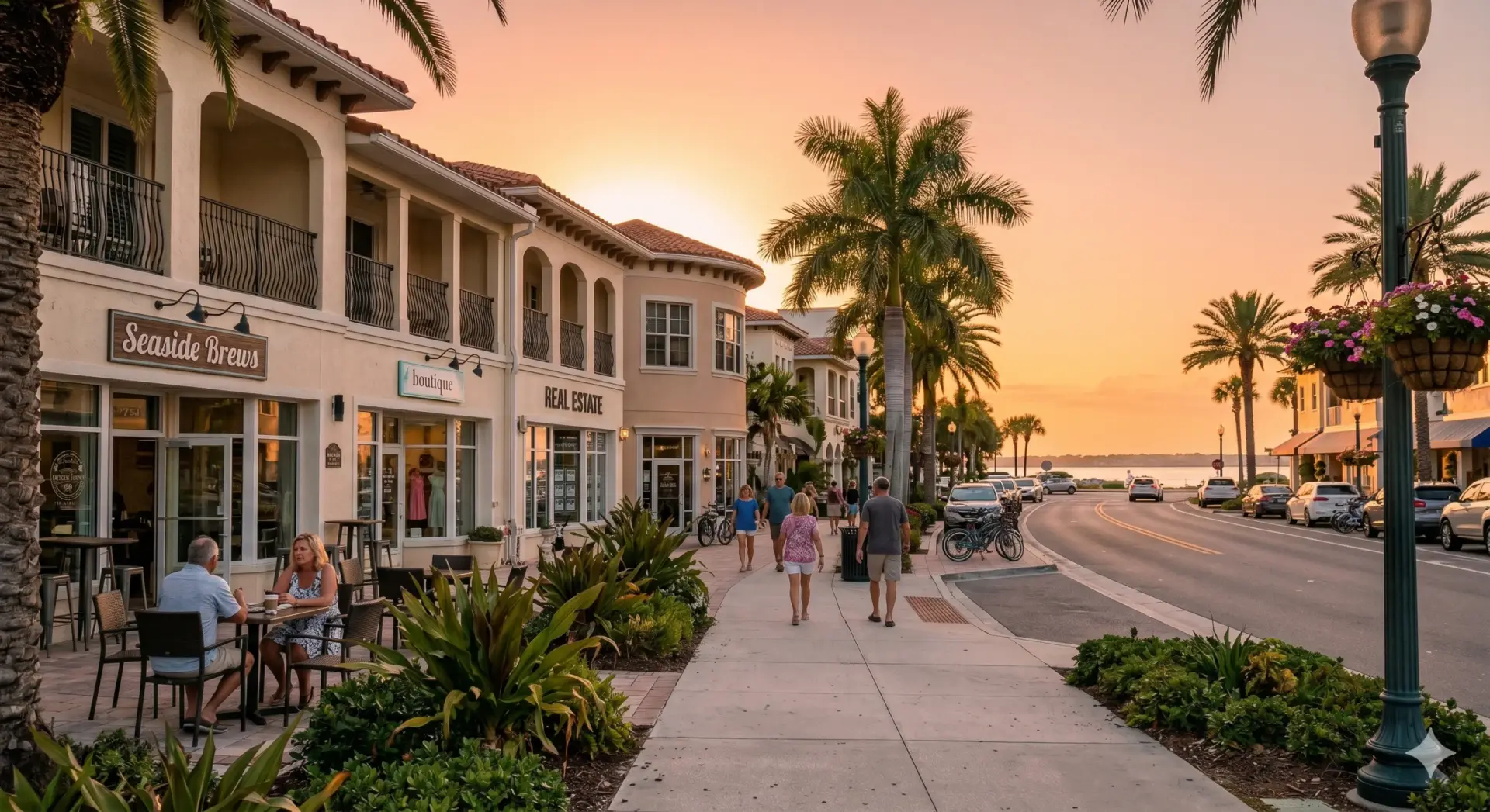 People walk along a sunlit coastal street lined with shops near a top Tile Installation Belleair Beach service.