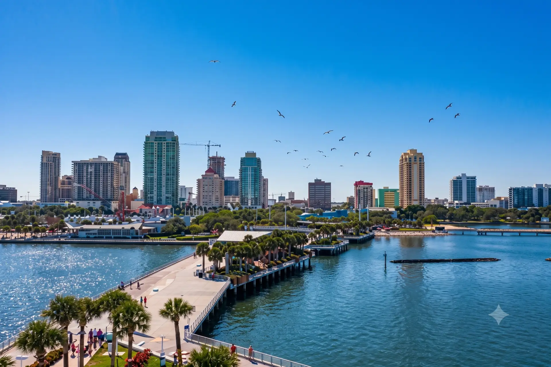 Skyline views from a sunny waterfront pier near a local business offering premium Tile Installation St. Petersburg.