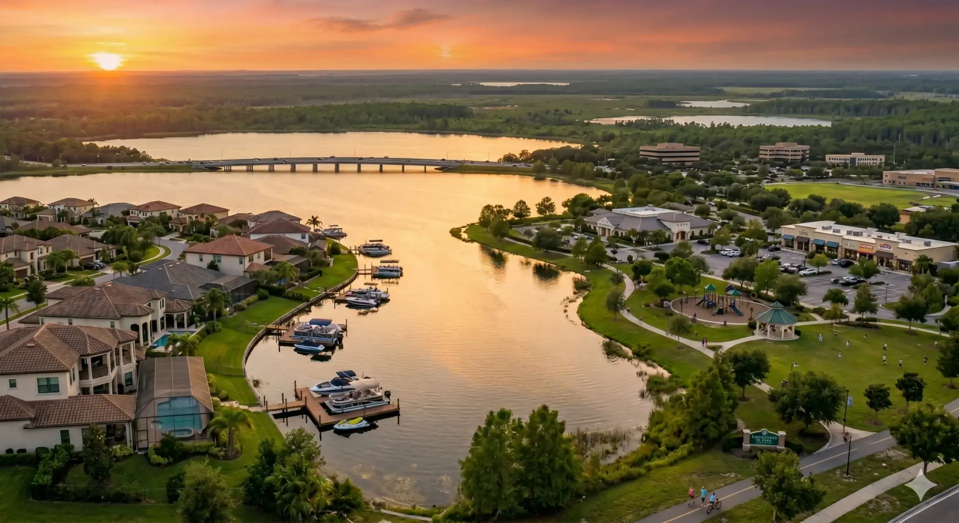 Aerial of East Lake lakeside homes, boats, and a park at sunset near Tile Installation East Lake.