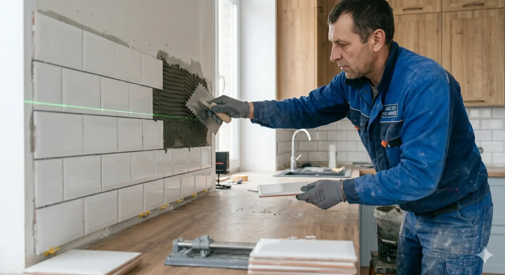 A skilled tradesman applies ridges of mortar to a kitchen wall for a precise Tile Installation Madeira Beach job.