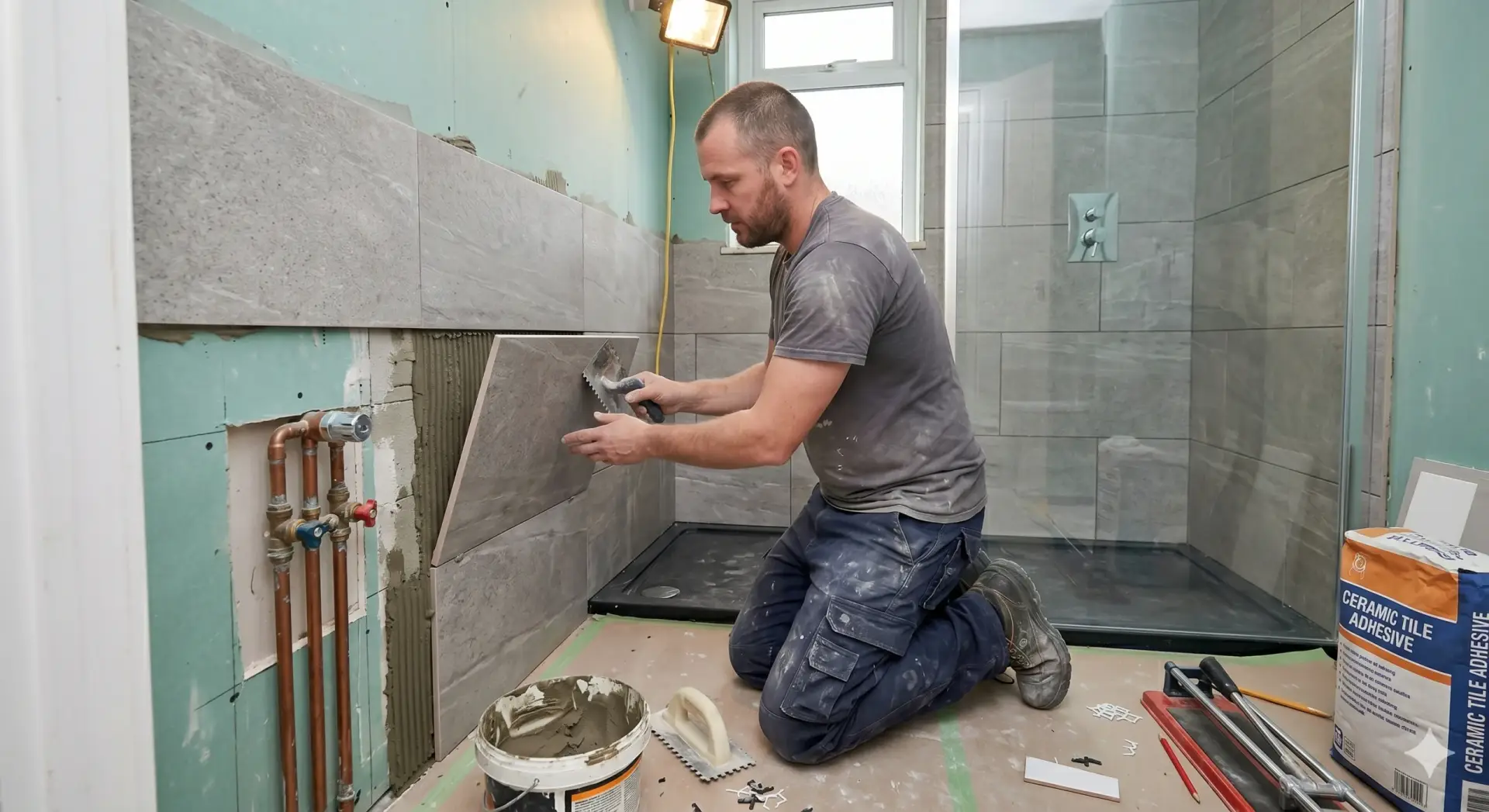 A skilled contractor focused on the tile installation Treasure Island carefully places a large grey textured tile onto a bathroom wall with adhesive.