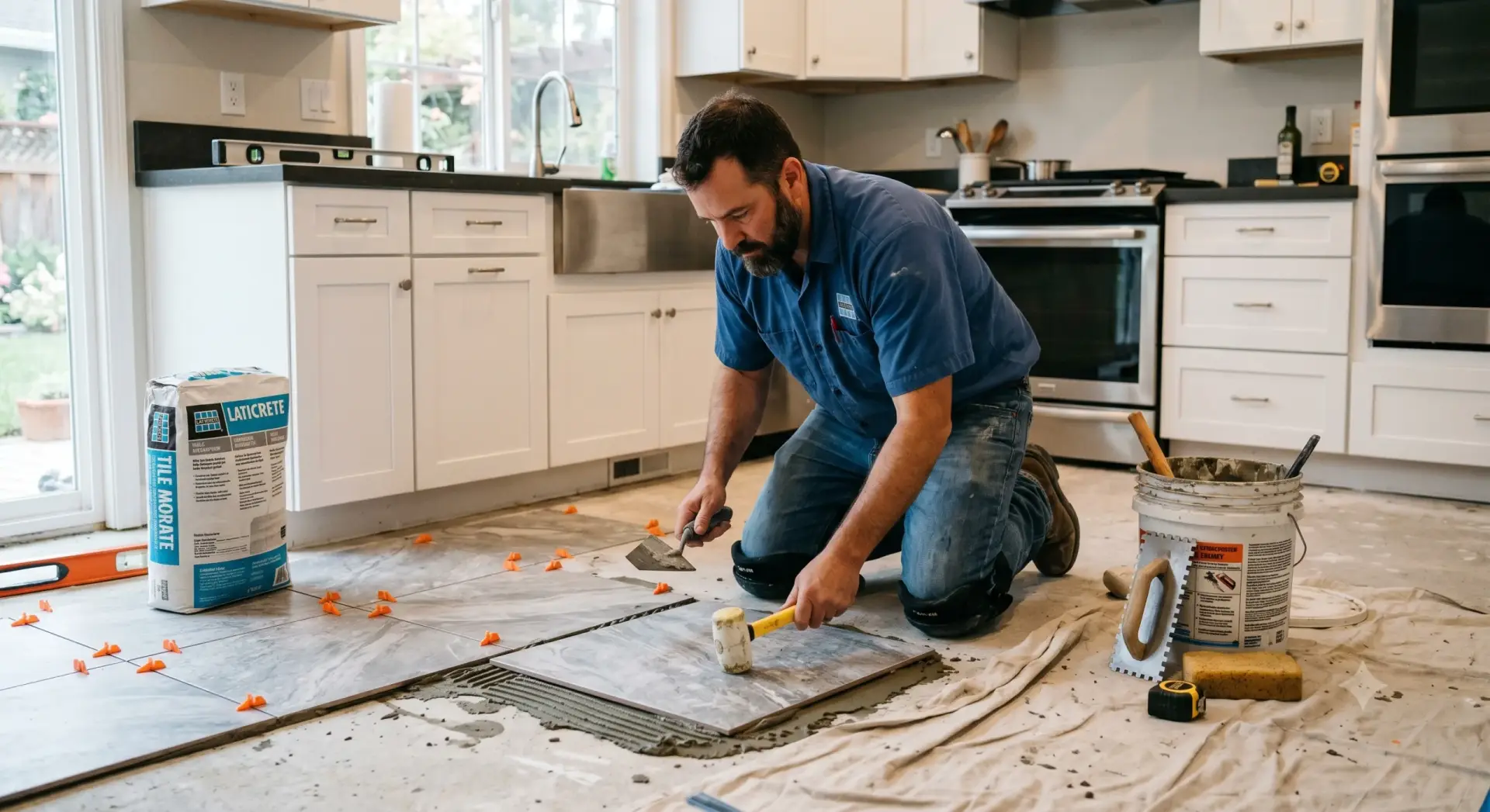 Expert tile layer in a kitchen doing professional Tile Installation Clearwater Beach Island.