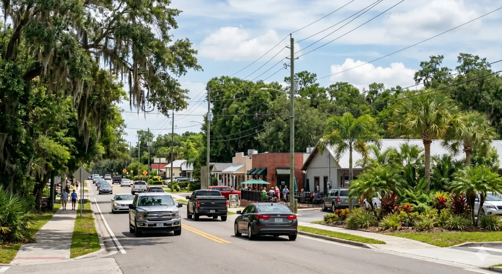 Lutz street view with commercial buildings and trees, suitable for property owners needing Tile Installation Lutz.