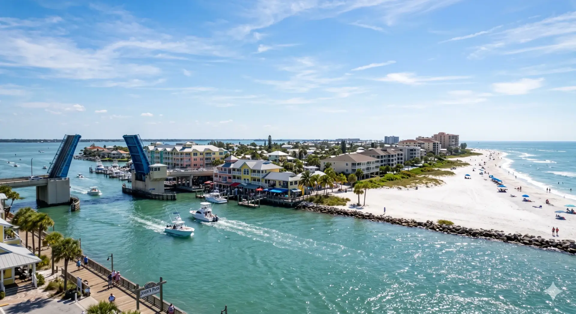 A bascule bridge rises at John's Pass Village, a major landmark near any new Tile Installation Madeira Beach project.