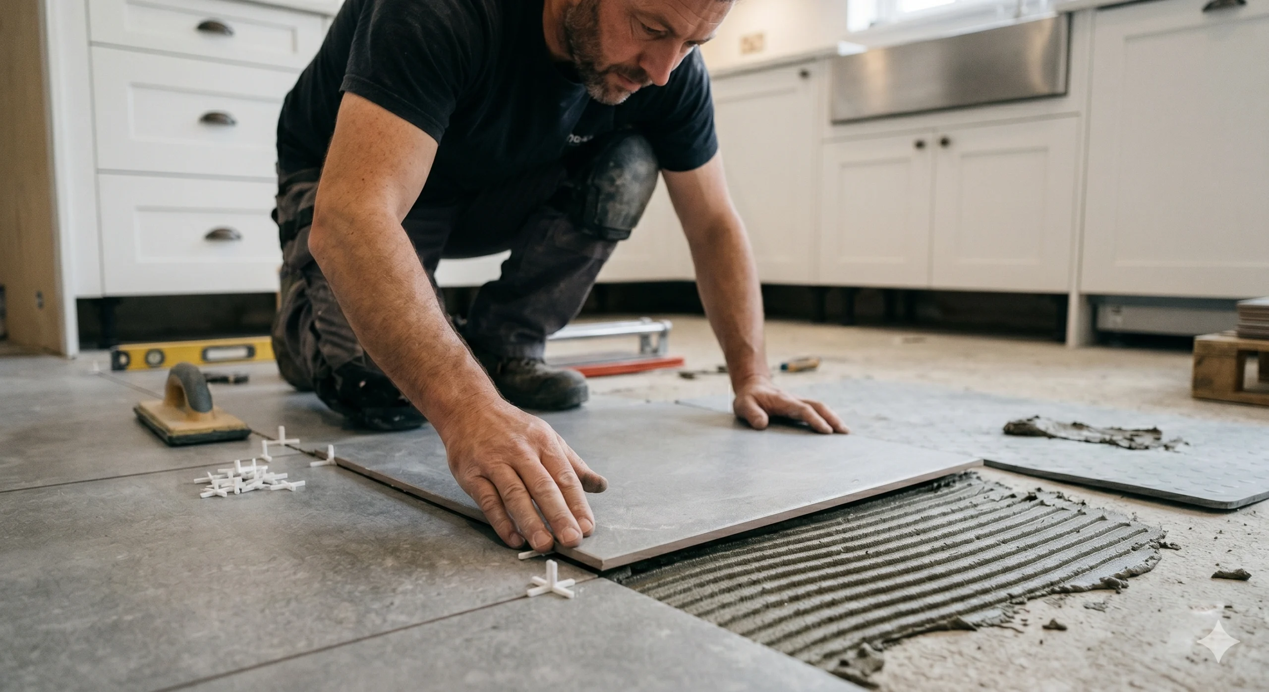 A close-up of a worker hand-setting a grey ceramic slab for a Tile Installation Seminole project.