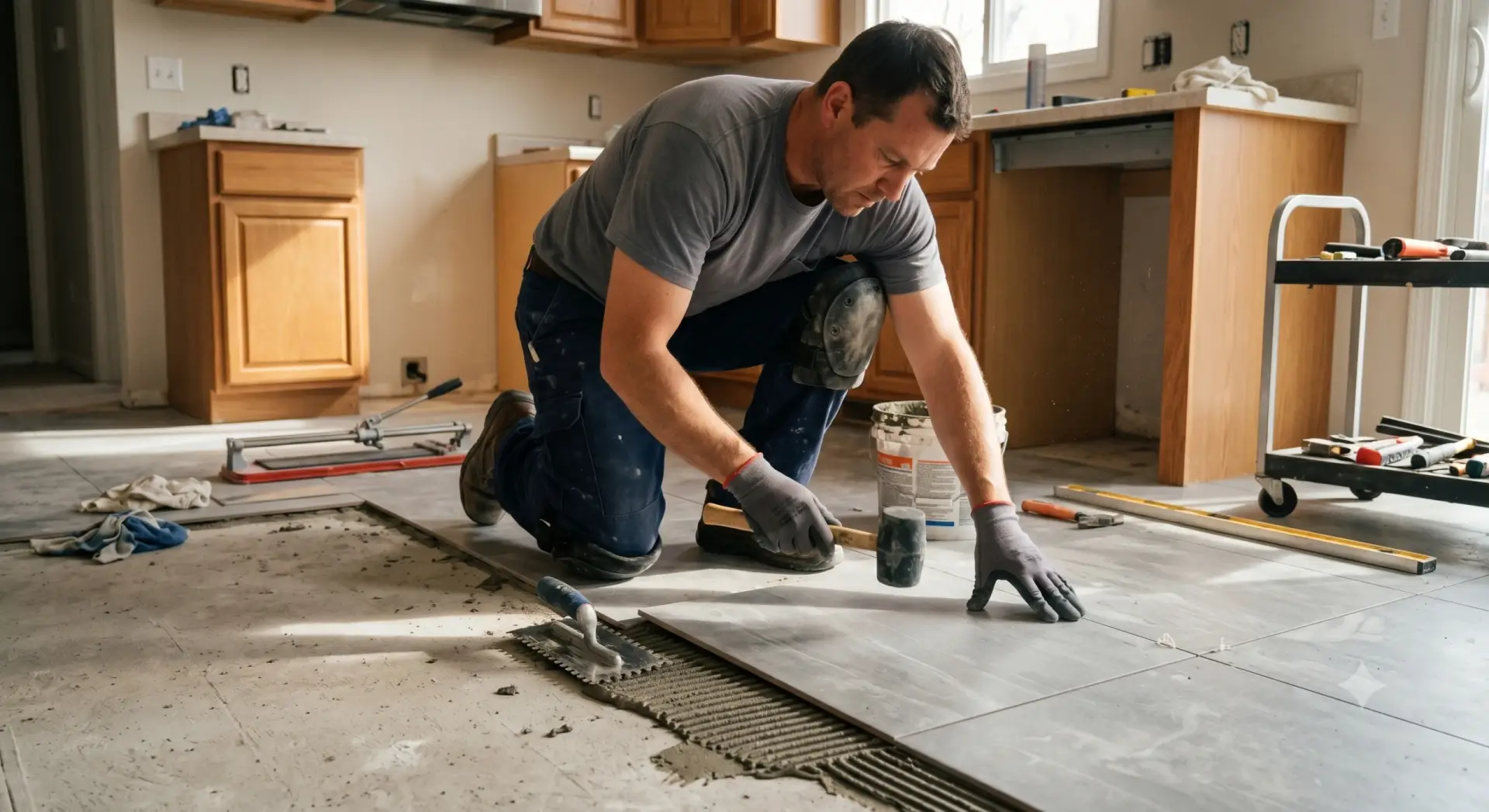 Contractor laying a large ceramic floor tile in a kitchen during a professional Tile Installation Odessa.