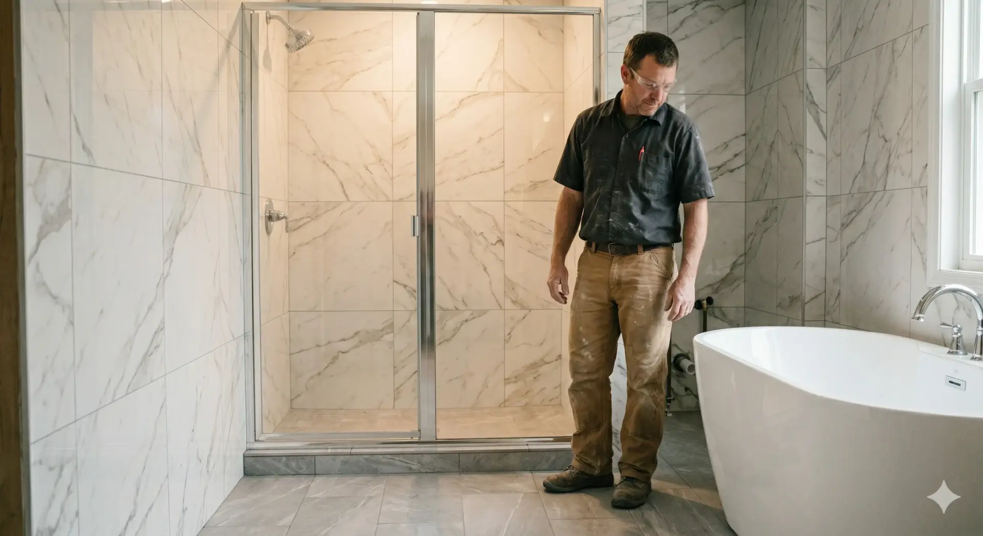 A contractor inspects a marble-style shower and tub area after a successful Tile Installation Belleair Beach.