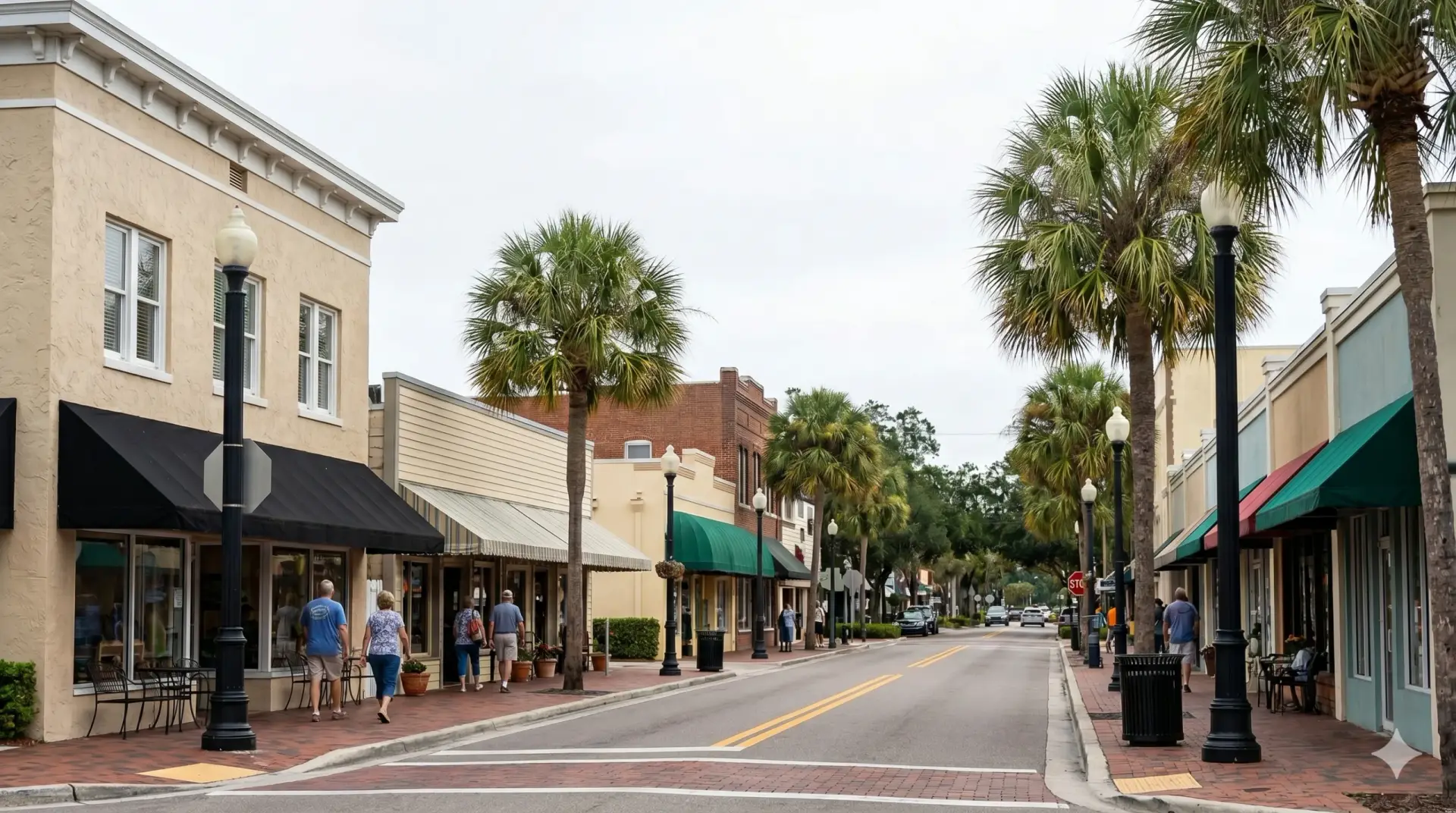 Main street Palm Harbor with brick sidewalks, lined with shops and palm trees, perfect for tile installation.