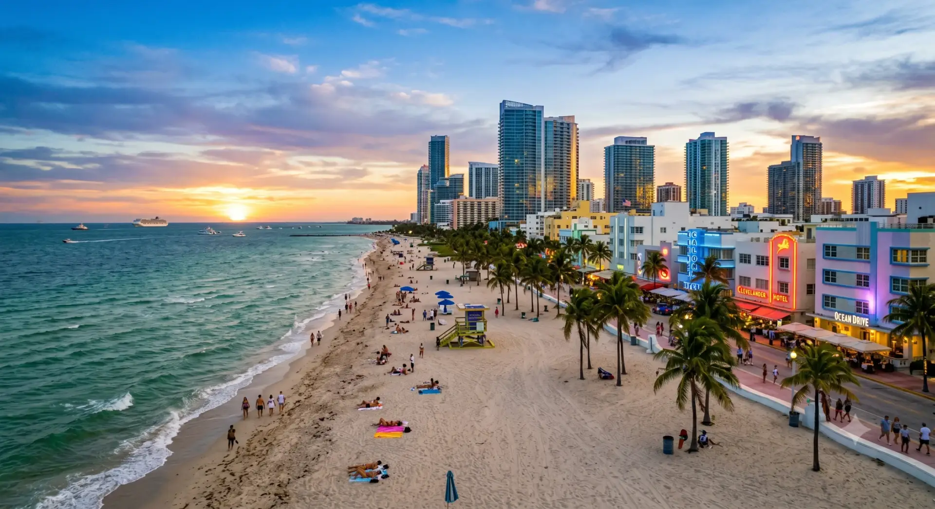 Scenic high-angle view of a sandy beach with people, palm trees, and art deco buildings under a vibrant sunset sky.