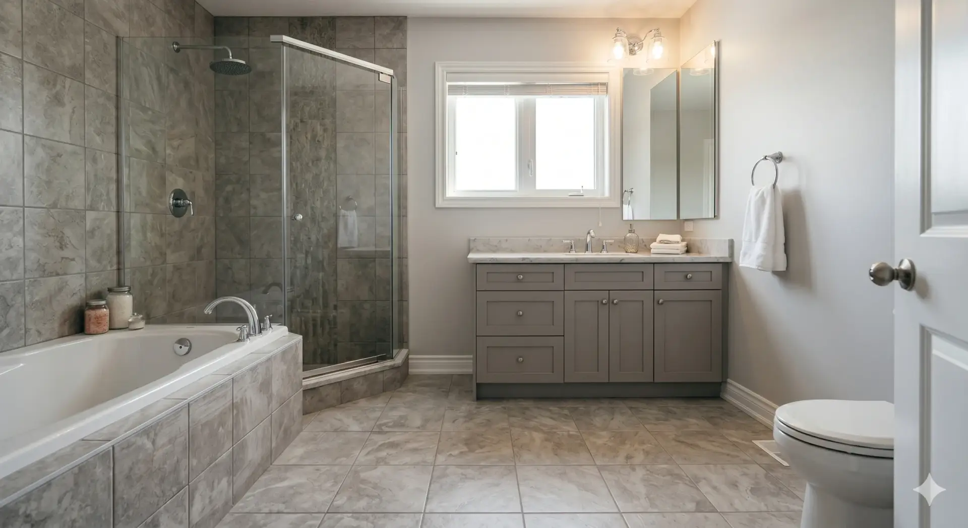 A spacious bathroom with grey floor tiles, a tiled bathtub, and glass shower showing quality Tile Installation Largo.