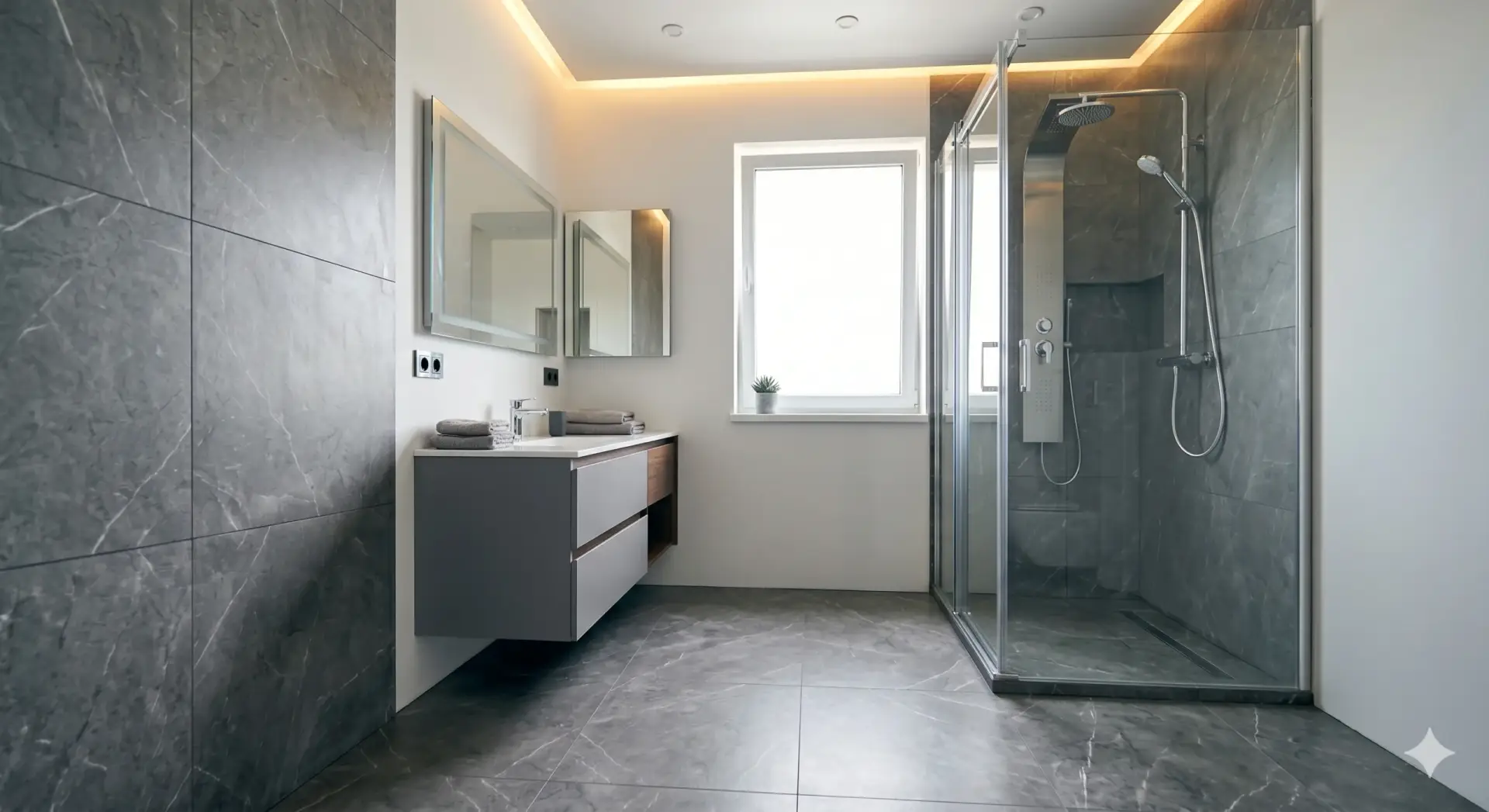 Grey marble bathroom with glass shower showcasing professional Tile Installation St. Pete Beach.