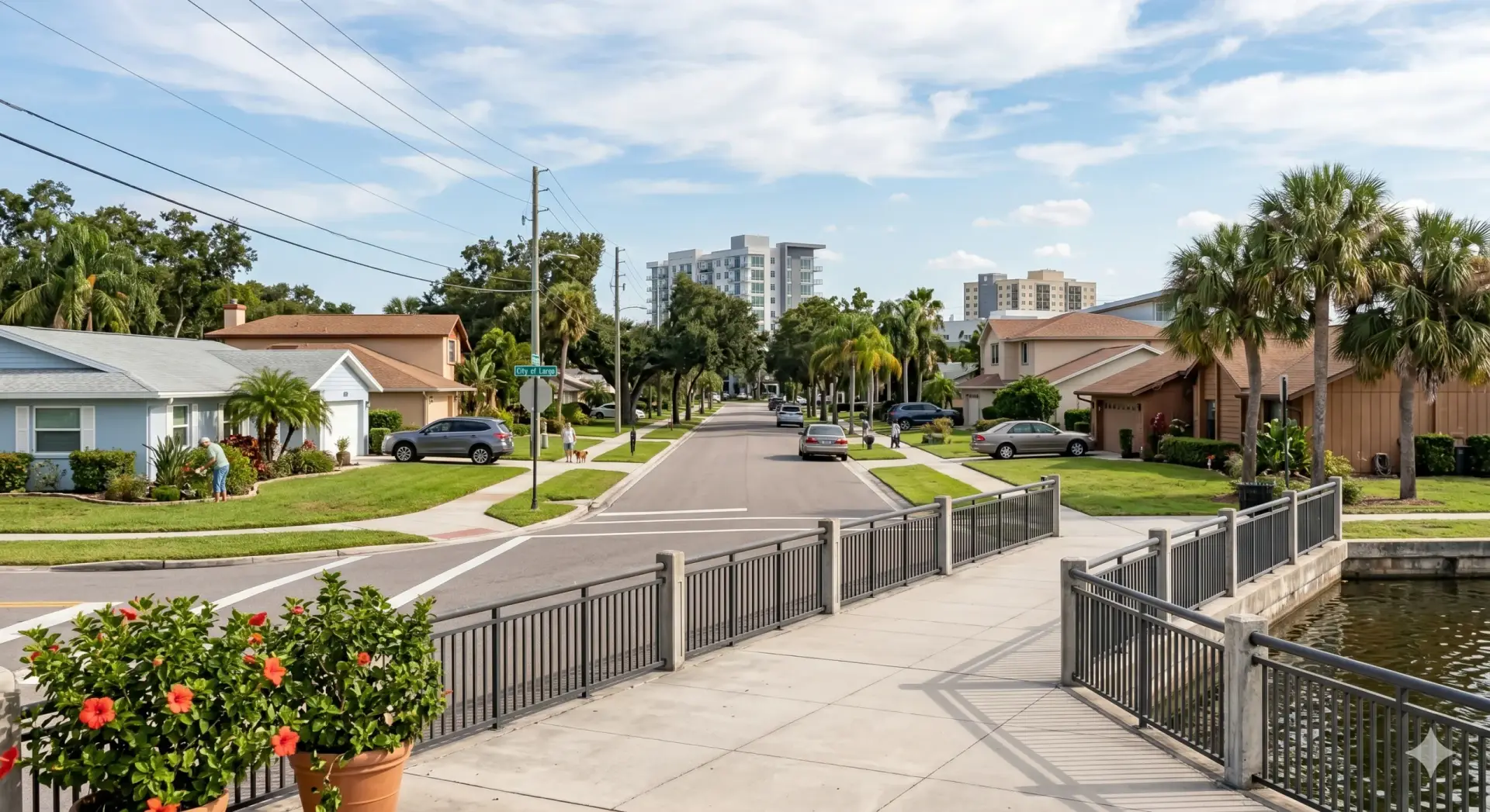 Sunny street view near a bridge highlighting homes that could benefit from Tile Installation Largo.