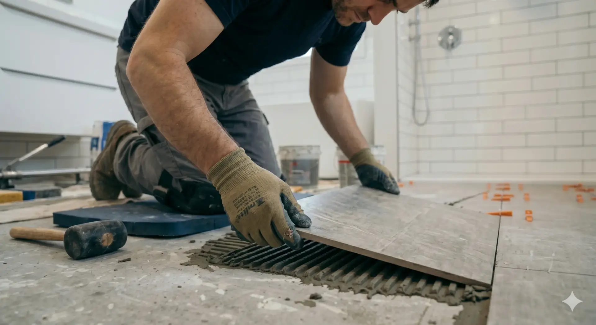 A close-up of a worker in gloves setting a large floor tile onto mortar for a Tile Installation Belleair project.