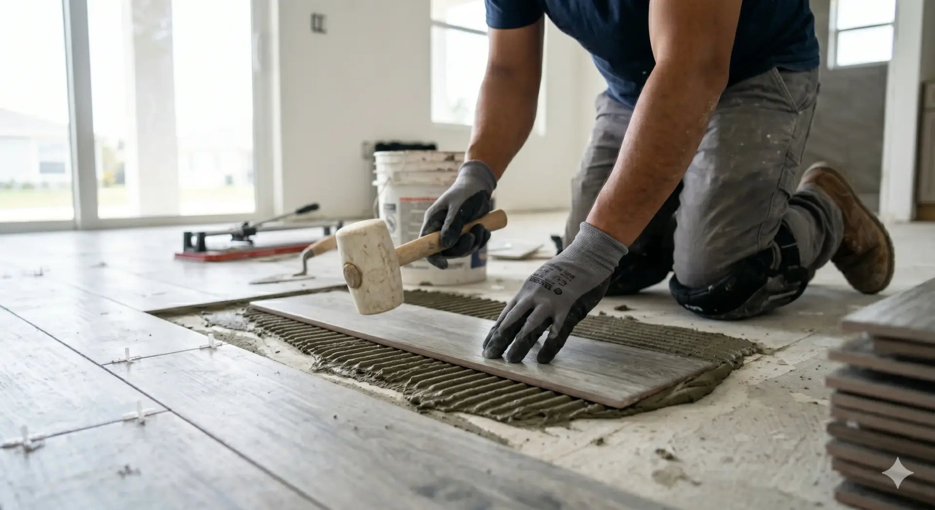 A close-up of gloved hands leveling wood-look ceramic flooring planks for a Tile Installation Indian rocks Beach.