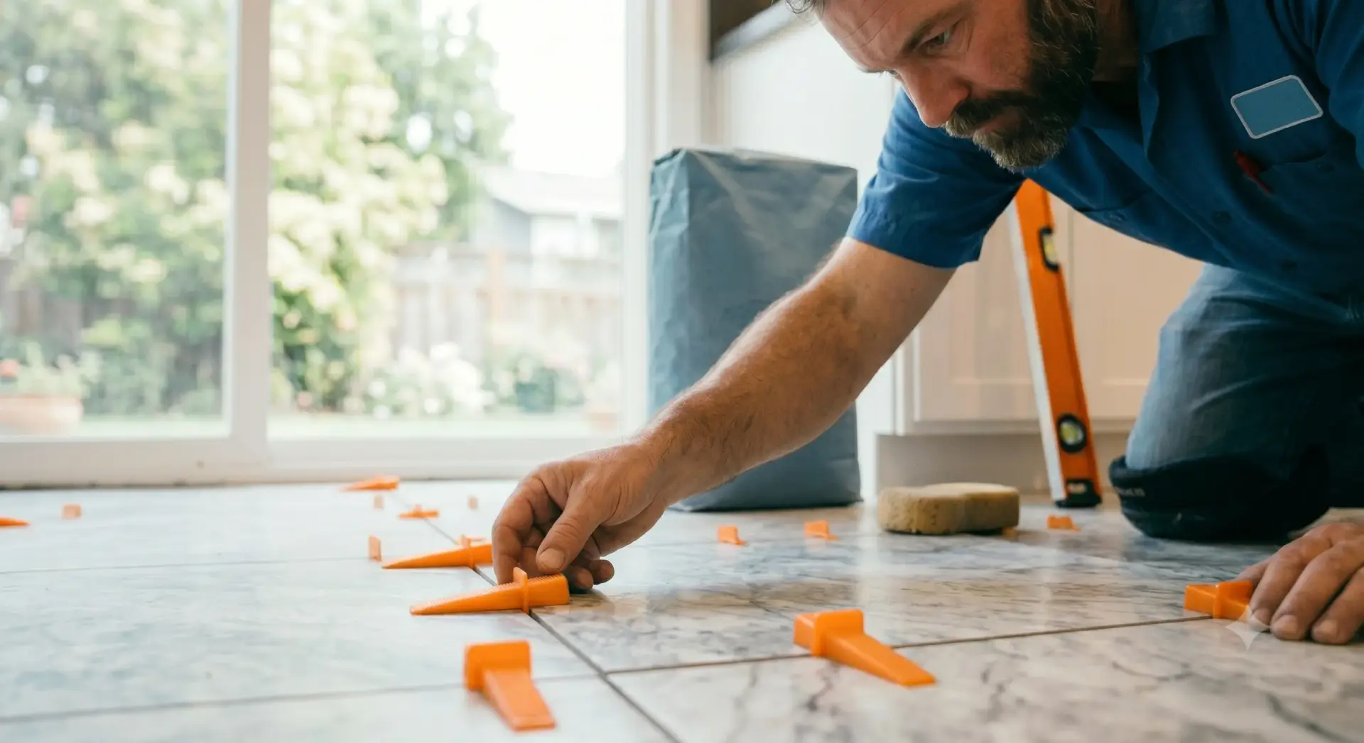 Craftsman placing orange leveling wedges into marble floor seams during a high-quality Tile Installation Clearwater Beach Island.